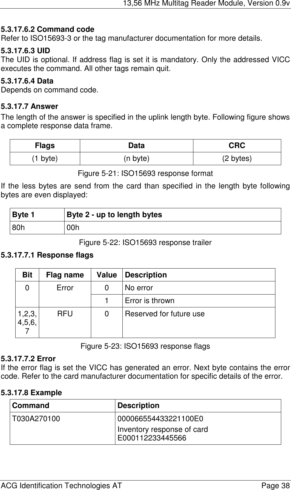 13,56 MHz Multitag Reader Module, Version 0.9v  ACG Identification Technologies AT    Page 38 5.3.17.6.2 Command code Refer to ISO15693-3 or the tag manufacturer documentation for more details. 5.3.17.6.3 UID The UID is optional. If address flag is set it is mandatory. Only the addressed VICC executes the command. All other tags remain quit. 5.3.17.6.4 Data Depends on command code. 5.3.17.7 Answer The length of the answer is specified in the uplink length byte. Following figure shows a complete response data frame.  Flags Data  CRC (1 byte)  (n byte)  (2 bytes) Figure 5-21: ISO15693 response format If the less bytes are send from the card than specified in the length byte following bytes are even displayed:  Byte 1  Byte 2 - up to length bytes 80h 00h Figure 5-22: ISO15693 response trailer 5.3.17.7.1 Response flags  Bit Flag name Value Description 0 No error 0 Error 1  Error is thrown 1,2,3, 4,5,6, 7 RFU  0  Reserved for future use Figure 5-23: ISO15693 response flags 5.3.17.7.2 Error If the error flag is set the VICC has generated an error. Next byte contains the error code. Refer to the card manufacturer documentation for specific details of the error. 5.3.17.8 Example Command Description T030A270100 000066554433221100E0 Inventory response of card E000112233445566  