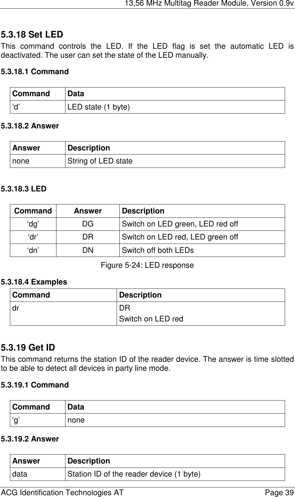 13,56 MHz Multitag Reader Module, Version 0.9v  ACG Identification Technologies AT    Page 39 5.3.18 Set LED This command controls the LED. If the LED flag is set the automatic LED is deactivated. The user can set the state of the LED manually. 5.3.18.1 Command  Command Data ‘d’  LED state (1 byte) 5.3.18.2 Answer  Answer Description none  String of LED state  5.3.18.3 LED  Command Answer Description ‘dg’  DG  Switch on LED green, LED red off ‘dr’  DR  Switch on LED red, LED green off ‘dn’  DN  Switch off both LEDs Figure 5-24: LED response 5.3.18.4 Examples Command Description dr DR Switch on LED red  5.3.19 Get ID This command returns the station ID of the reader device. The answer is time slotted to be able to detect all devices in party line mode. 5.3.19.1 Command  Command Data ‘g’ none 5.3.19.2 Answer  Answer Description data  Station ID of the reader device (1 byte) 