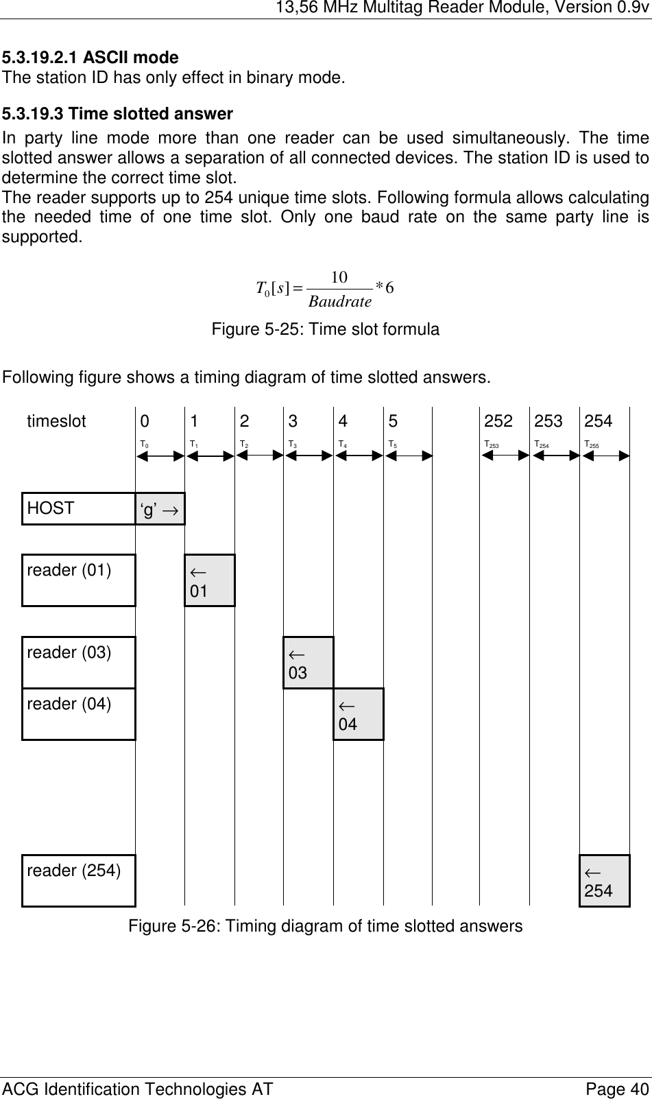 13,56 MHz Multitag Reader Module, Version 0.9v  ACG Identification Technologies AT    Page 40 5.3.19.2.1 ASCII mode The station ID has only effect in binary mode. 5.3.19.3 Time slotted answer In party line mode more than one reader can be used simultaneously. The time slotted answer allows a separation of all connected devices. The station ID is used to determine the correct time slot. The reader supports up to 254 unique time slots. Following formula allows calculating the needed time of one time slot. Only one baud rate on the same party line is supported.  6*10][0BaudratesT = Figure 5-25: Time slot formula   Following figure shows a timing diagram of time slotted answers.  timeslot  0 1 2 3 4 5   252 253 254  T0 T1 T2 T3 T4 T5  T253 T254 T255            HOST  ‘g’ →                      reader (01)    ← 01                      reader (03)        ← 03        reader (04)          ← 04                                                       reader (254)          ← 254 Figure 5-26: Timing diagram of time slotted answers 