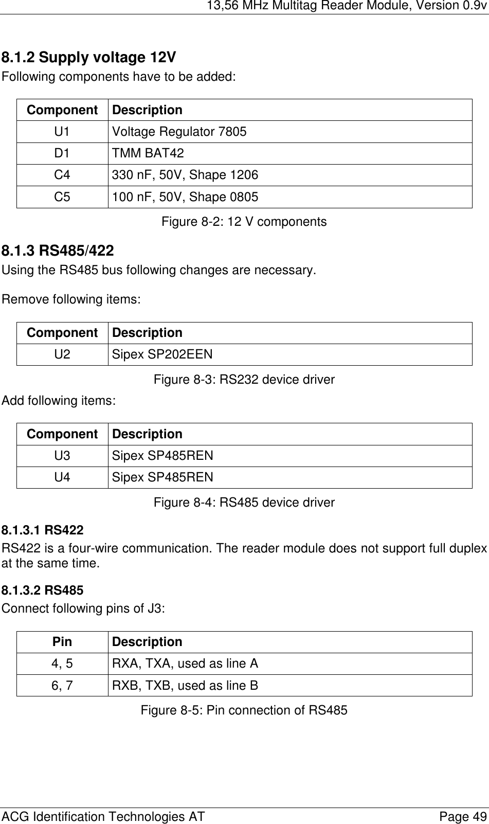 13,56 MHz Multitag Reader Module, Version 0.9v  ACG Identification Technologies AT    Page 49 8.1.2 Supply voltage 12V Following components have to be added:  Component Description U1  Voltage Regulator 7805 D1 TMM BAT42 C4  330 nF, 50V, Shape 1206 C5  100 nF, 50V, Shape 0805 Figure 8-2: 12 V components 8.1.3 RS485/422 Using the RS485 bus following changes are necessary.   Remove following items:  Component Description U2 Sipex SP202EEN Figure 8-3: RS232 device driver Add following items:  Component Description U3 Sipex SP485REN U4 Sipex SP485REN Figure 8-4: RS485 device driver  8.1.3.1 RS422 RS422 is a four-wire communication. The reader module does not support full duplex at the same time. 8.1.3.2 RS485 Connect following pins of J3:  Pin Description 4, 5  RXA, TXA, used as line A 6, 7  RXB, TXB, used as line B Figure 8-5: Pin connection of RS485 