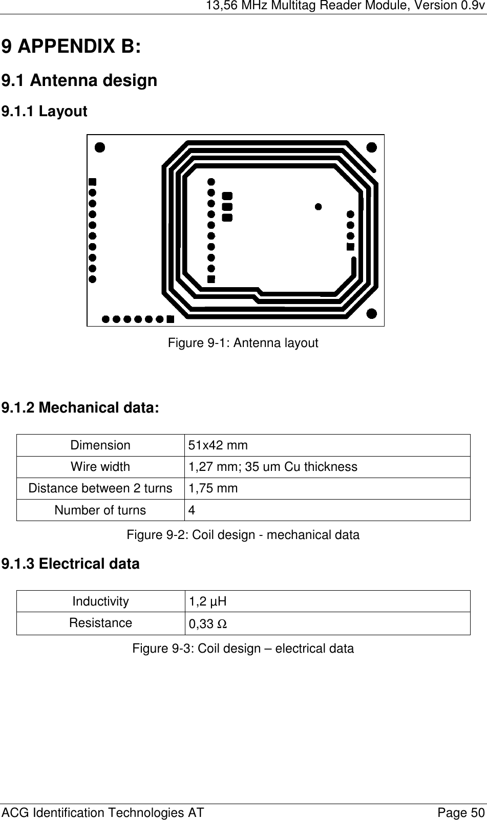 13,56 MHz Multitag Reader Module, Version 0.9v  ACG Identification Technologies AT    Page 50 9 APPENDIX B: 9.1 Antenna design 9.1.1 Layout               Figure 9-1: Antenna layout   9.1.2 Mechanical data:  Dimension 51x42 mm Wire width  1,27 mm; 35 um Cu thickness Distance between 2 turns  1,75 mm Number of turns  4 Figure 9-2: Coil design - mechanical data 9.1.3 Electrical data  Inductivity 1,2 µH Resistance  0,33 Ω Figure 9-3: Coil design – electrical data 