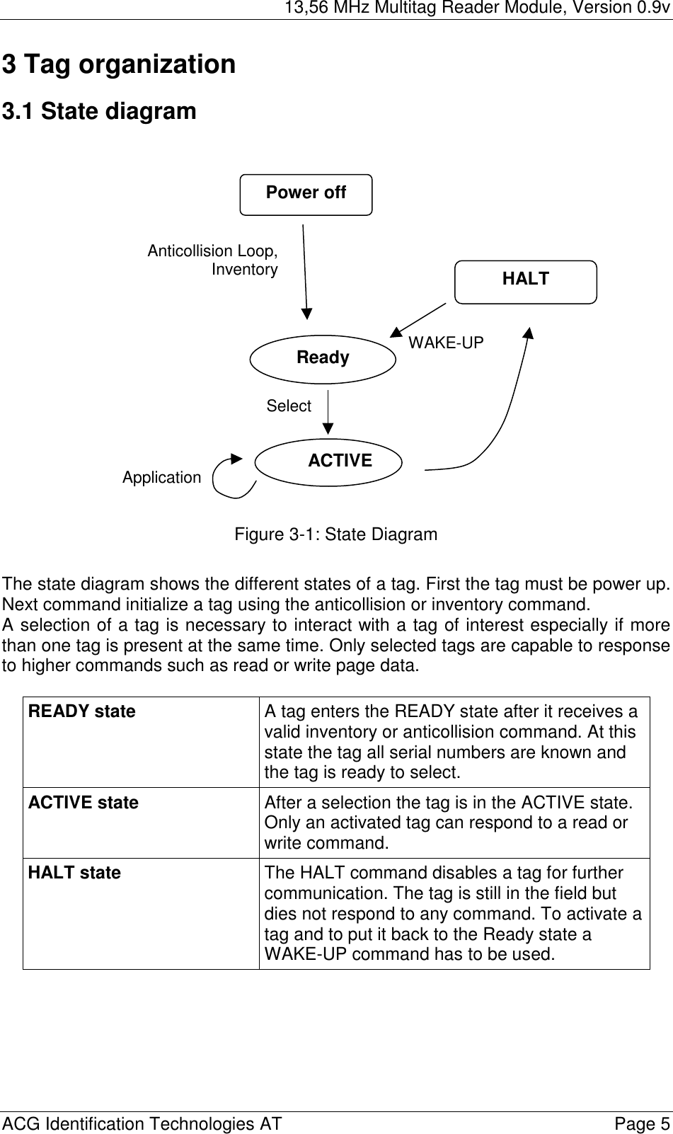 13,56 MHz Multitag Reader Module, Version 0.9v  ACG Identification Technologies AT    Page 5 3 Tag organization 3.1 State diagram                    Figure 3-1: State Diagram  The state diagram shows the different states of a tag. First the tag must be power up. Next command initialize a tag using the anticollision or inventory command. A selection of a tag is necessary to interact with a tag of interest especially if more than one tag is present at the same time. Only selected tags are capable to response to higher commands such as read or write page data.  READY state  A tag enters the READY state after it receives a valid inventory or anticollision command. At this state the tag all serial numbers are known and the tag is ready to select. ACTIVE state  After a selection the tag is in the ACTIVE state. Only an activated tag can respond to a read or write command. HALT state  The HALT command disables a tag for further communication. The tag is still in the field but dies not respond to any command. To activate a tag and to put it back to the Ready state a WAKE-UP command has to be used.  Power off Ready ACTIVEHALT Anticollision Loop,InventoryWAKE-UP ApplicationSelect 