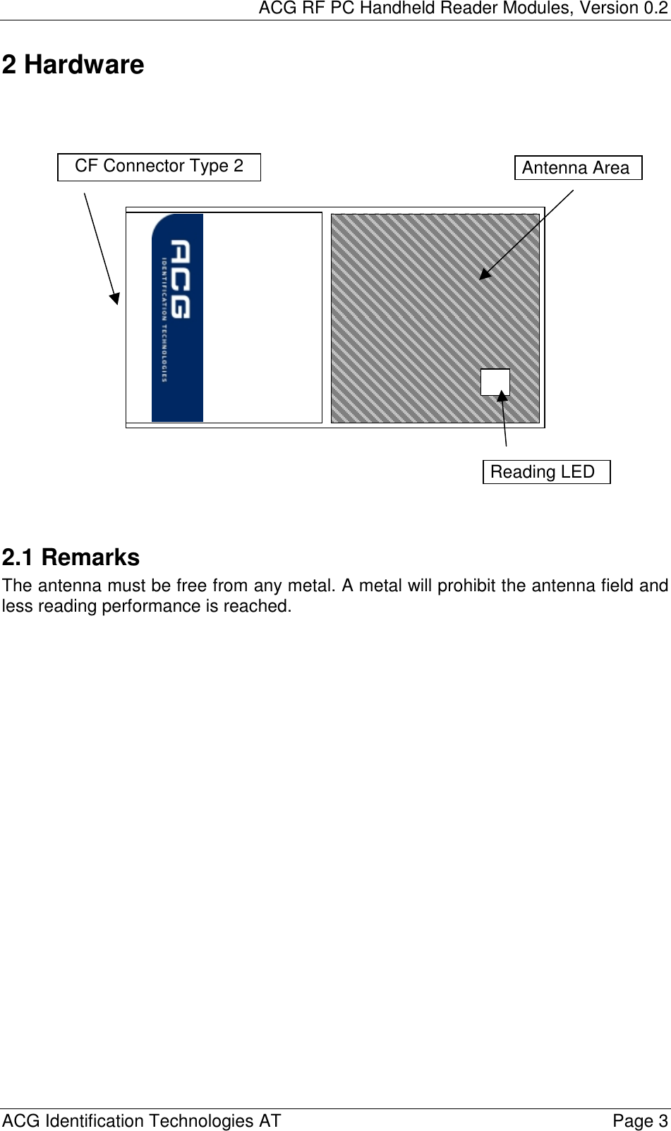 ACG RF PC Handheld Reader Modules, Version 0.2  ACG Identification Technologies AT    Page 3 2 Hardware                       2.1 Remarks The antenna must be free from any metal. A metal will prohibit the antenna field and less reading performance is reached.  Reading LED CF Connector Type 2 Antenna Area