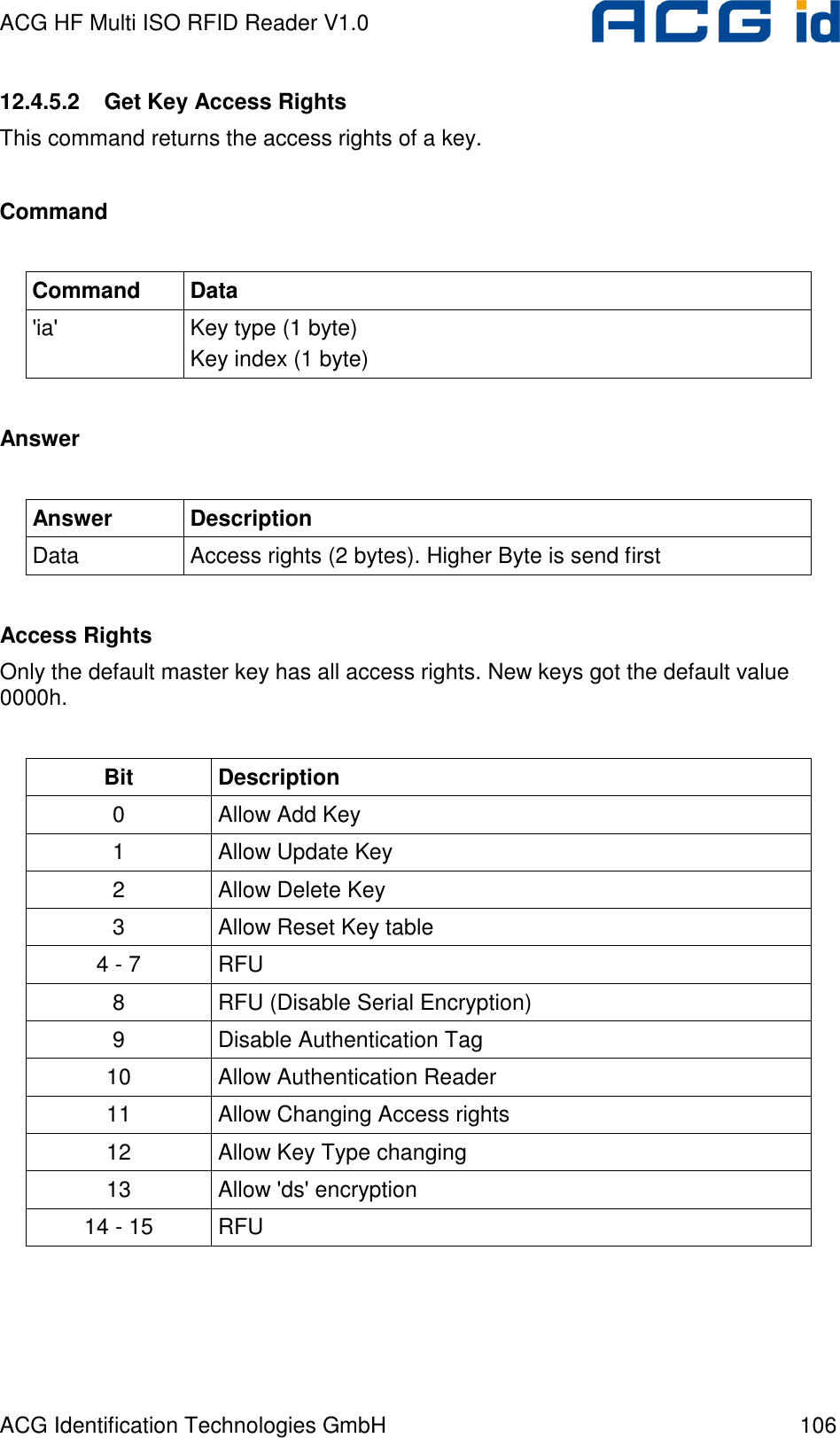 ACG HF Multi ISO RFID Reader V1.0 ACG Identification Technologies GmbH  106 12.4.5.2  Get Key Access Rights This command returns the access rights of a key.  Command  Command  Data &apos;ia&apos;  Key type (1 byte) Key index (1 byte)  Answer  Answer  Description Data  Access rights (2 bytes). Higher Byte is send first  Access Rights Only the default master key has all access rights. New keys got the default value 0000h.  Bit  Description 0  Allow Add Key 1  Allow Update Key 2  Allow Delete Key 3  Allow Reset Key table 4 - 7  RFU 8  RFU (Disable Serial Encryption) 9  Disable Authentication Tag 10  Allow Authentication Reader 11  Allow Changing Access rights 12  Allow Key Type changing 13  Allow &apos;ds&apos; encryption 14 - 15  RFU  