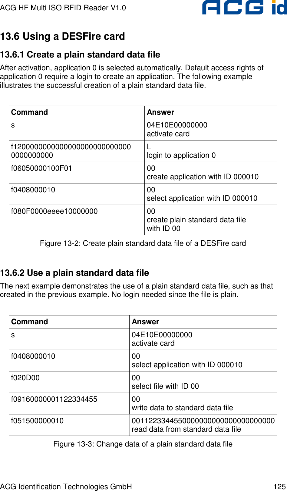 ACG HF Multi ISO RFID Reader V1.0 ACG Identification Technologies GmbH  125 13.6 Using a DESFire card 13.6.1 Create a plain standard data file After activation, application 0 is selected automatically. Default access rights of application 0 require a login to create an application. The following example illustrates the successful creation of a plain standard data file.  Command  Answer s  04E10E00000000 activate card f1200000000000000000000000000 0000000000  L login to application 0 f06050000100F01  00 create application with ID 000010 f0408000010  00 select application with ID 000010 f080F0000eeee10000000  00 create plain standard data file with ID 00 Figure 13-2: Create plain standard data file of a DESFire card  13.6.2 Use a plain standard data file The next example demonstrates the use of a plain standard data file, such as that created in the previous example. No login needed since the file is plain.   Command  Answer s  04E10E00000000 activate card f0408000010  00 select application with ID 000010 f020D00  00 select file with ID 00 f09160000001122334455  00 write data to standard data file f051500000010  0011223344550000000000000000000000 read data from standard data file Figure 13-3: Change data of a plain standard data file 