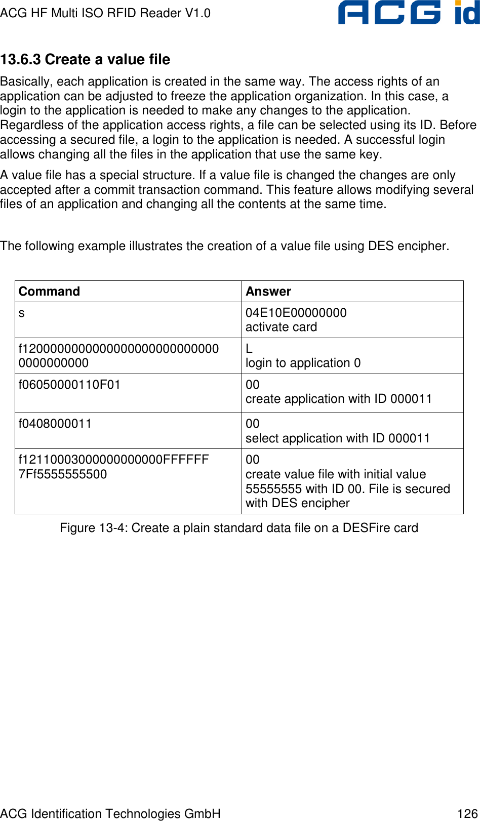 ACG HF Multi ISO RFID Reader V1.0 ACG Identification Technologies GmbH  126 13.6.3 Create a value file Basically, each application is created in the same way. The access rights of an application can be adjusted to freeze the application organization. In this case, a login to the application is needed to make any changes to the application. Regardless of the application access rights, a file can be selected using its ID. Before accessing a secured file, a login to the application is needed. A successful login allows changing all the files in the application that use the same key. A value file has a special structure. If a value file is changed the changes are only accepted after a commit transaction command. This feature allows modifying several files of an application and changing all the contents at the same time.  The following example illustrates the creation of a value file using DES encipher.  Command  Answer s  04E10E00000000 activate card f1200000000000000000000000000 0000000000  L login to application 0 f06050000110F01  00 create application with ID 000011 f0408000011  00 select application with ID 000011 f12110003000000000000FFFFFF 7Ff5555555500  00 create value file with initial value  55555555 with ID 00. File is secured with DES encipher Figure 13-4: Create a plain standard data file on a DESFire card 