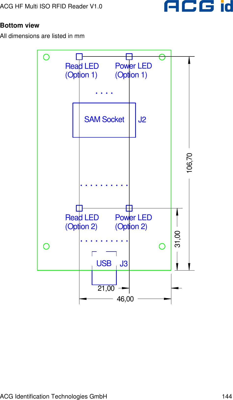 ACG HF Multi ISO RFID Reader V1.0 ACG Identification Technologies GmbH  144 Bottom view All dimensions are listed in mm J2J3SAM SocketUSBRead LED(Option 1) Power LED(Option 1)Power LED(Option 2)Read LED(Option 2)31,00106,7021,0046,00   