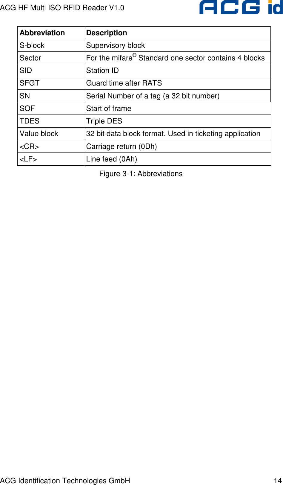 ACG HF Multi ISO RFID Reader V1.0 ACG Identification Technologies GmbH  14 Abbreviation  Description S-block  Supervisory block Sector  For the mifare® Standard one sector contains 4 blocks SID  Station ID SFGT  Guard time after RATS SN  Serial Number of a tag (a 32 bit number) SOF  Start of frame TDES  Triple DES Value block  32 bit data block format. Used in ticketing application &lt;CR&gt;  Carriage return (0Dh) &lt;LF&gt;  Line feed (0Ah) Figure 3-1: Abbreviations 