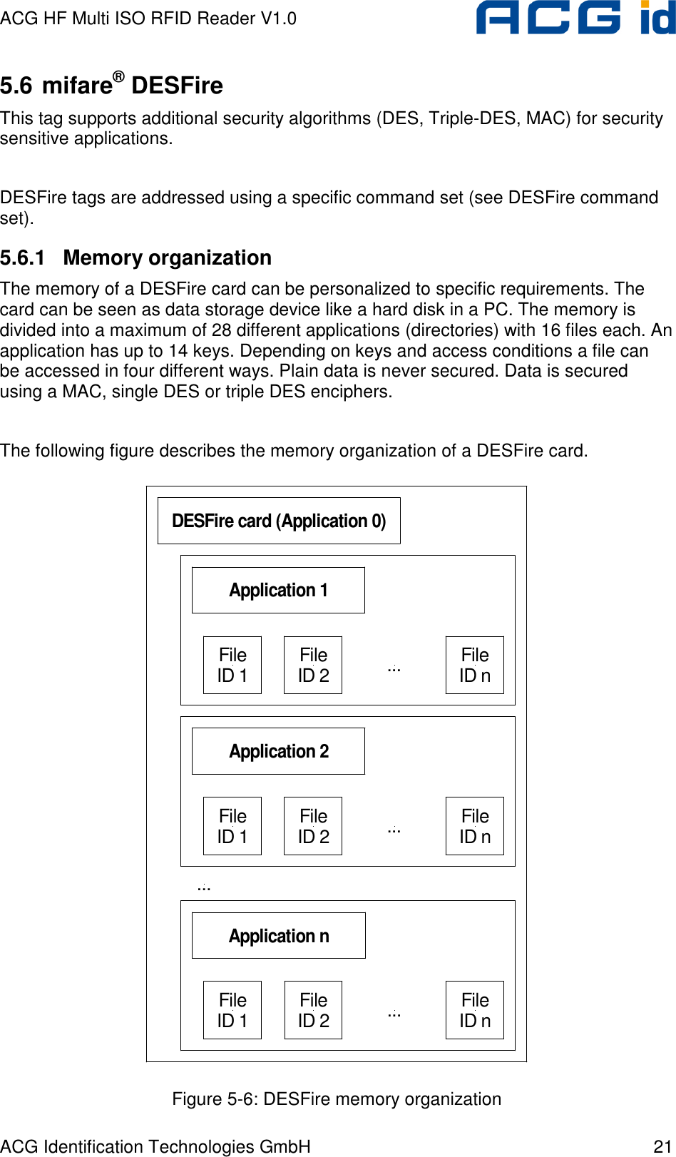 ACG HF Multi ISO RFID Reader V1.0 ACG Identification Technologies GmbH  21 5.6 mifare® DESFire This tag supports additional security algorithms (DES, Triple-DES, MAC) for security sensitive applications.  DESFire tags are addressed using a specific command set (see DESFire command set). 5.6.1  Memory organization The memory of a DESFire card can be personalized to specific requirements. The card can be seen as data storage device like a hard disk in a PC. The memory is divided into a maximum of 28 different applications (directories) with 16 files each. An application has up to 14 keys. Depending on keys and access conditions a file can be accessed in four different ways. Plain data is never secured. Data is secured using a MAC, single DES or triple DES enciphers.  The following figure describes the memory organization of a DESFire card. FileID 2Application 1FileID 1 ... FileID nFileID 2Application 2FileID 1 ... FileID nFileID 2Application nFileID 1 ... FileID n...DESFire card (Application 0) Figure 5-6: DESFire memory organization 