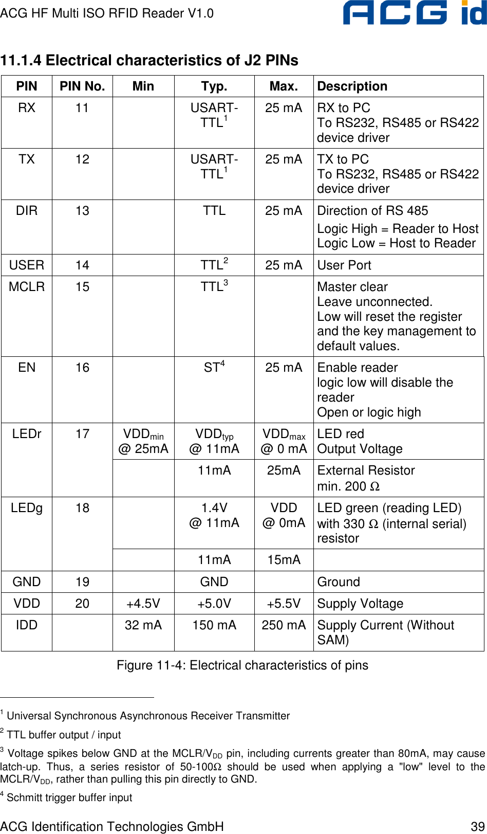 ACG HF Multi ISO RFID Reader V1.0 ACG Identification Technologies GmbH  39 11.1.4 Electrical characteristics of J2 PINs PIN  PIN No. Min  Typ.  Max.  Description RX  11    USART-TTL1 25 mA  RX to PC To RS232, RS485 or RS422 device driver TX  12    USART-TTL1 25 mA  TX to PC To RS232, RS485 or RS422 device driver DIR  13    TTL  25 mA  Direction of RS 485 Logic High = Reader to Host Logic Low = Host to Reader USER  14    TTL2  25 mA  User Port MCLR 15    TTL3    Master clear Leave unconnected. Low will reset the register and the key management to default values. EN  16    ST4  25 mA  Enable reader logic low will disable the reader Open or logic high VDDmin @ 25mA VDDtyp @ 11mA  VDDmax @ 0 mA LED red Output Voltage LEDr  17   11mA  25mA  External Resistor min. 200 Ω   1.4V @ 11mA  VDD @ 0mA  LED green (reading LED)  with 330 Ω (internal serial) resistor LEDg  18   11mA  15mA   GND  19    GND    Ground VDD  20  +4.5V  +5.0V  +5.5V  Supply Voltage IDD    32 mA  150 mA  250 mA Supply Current (Without SAM) Figure 11-4: Electrical characteristics of pins                                             1 Universal Synchronous Asynchronous Receiver Transmitter 2 TTL buffer output / input 3 Voltage spikes below GND at the MCLR/VDD pin, including currents greater than 80mA, may cause latch-up.  Thus,  a  series  resistor  of  50-100Ω  should  be  used  when  applying  a  &quot;low&quot;  level  to  the MCLR/VDD, rather than pulling this pin directly to GND. 4 Schmitt trigger buffer input 