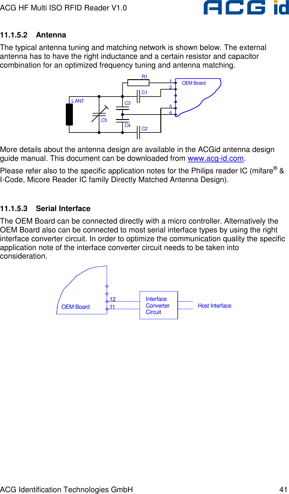 ACG HF Multi ISO RFID Reader V1.0 ACG Identification Technologies GmbH  41 11.1.5.2  Antenna The typical antenna tuning and matching network is shown below. The external antenna has to have the right inductance and a certain resistor and capacitor combination for an optimized frequency tuning and antenna matching. 6512OEM BoardC1C2C3C4C5L ANTR1 More details about the antenna design are available in the ACGid antenna design guide manual. This document can be downloaded from www.acg-id.com. Please refer also to the specific application notes for the Philips reader IC (mifare® &amp; I-Code, Micore Reader IC family Directly Matched Antenna Design).  11.1.5.3  Serial Interface The OEM Board can be connected directly with a micro controller. Alternatively the OEM Board also can be connected to most serial interface types by using the right interface converter circuit. In order to optimize the communication quality the specific application note of the interface converter circuit needs to be taken into consideration. 1211InterfaceConverterCircuit Host InterfaceOEM Board  