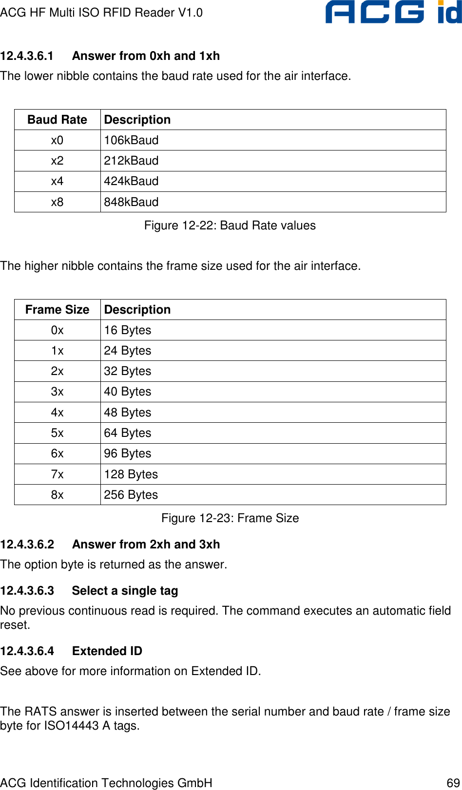 ACG HF Multi ISO RFID Reader V1.0 ACG Identification Technologies GmbH  69 12.4.3.6.1  Answer from 0xh and 1xh The lower nibble contains the baud rate used for the air interface.  Baud Rate  Description x0  106kBaud x2  212kBaud x4  424kBaud x8  848kBaud Figure 12-22: Baud Rate values  The higher nibble contains the frame size used for the air interface.  Frame Size  Description 0x  16 Bytes 1x  24 Bytes 2x  32 Bytes 3x  40 Bytes 4x  48 Bytes 5x  64 Bytes 6x  96 Bytes 7x  128 Bytes 8x  256 Bytes Figure 12-23: Frame Size 12.4.3.6.2  Answer from 2xh and 3xh The option byte is returned as the answer. 12.4.3.6.3  Select a single tag No previous continuous read is required. The command executes an automatic field reset.  12.4.3.6.4  Extended ID See above for more information on Extended ID.  The RATS answer is inserted between the serial number and baud rate / frame size byte for ISO14443 A tags. 