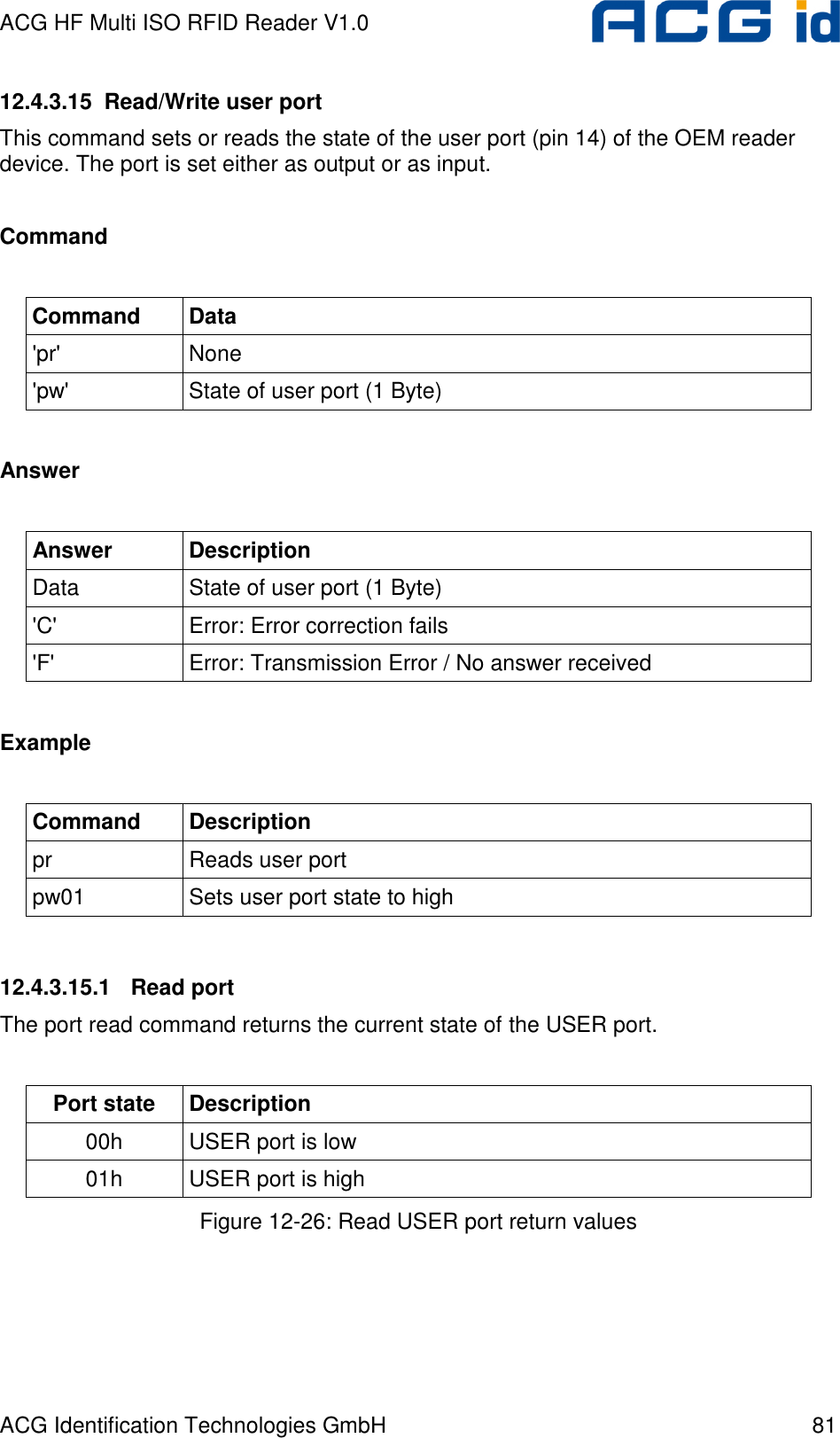 ACG HF Multi ISO RFID Reader V1.0 ACG Identification Technologies GmbH  81 12.4.3.15  Read/Write user port This command sets or reads the state of the user port (pin 14) of the OEM reader device. The port is set either as output or as input.  Command  Command  Data &apos;pr&apos;  None &apos;pw&apos;  State of user port (1 Byte)  Answer  Answer  Description Data  State of user port (1 Byte) &apos;C&apos;  Error: Error correction fails &apos;F&apos;  Error: Transmission Error / No answer received  Example  Command  Description pr  Reads user port pw01  Sets user port state to high  12.4.3.15.1  Read port The port read command returns the current state of the USER port.  Port state  Description 00h  USER port is low 01h  USER port is high Figure 12-26: Read USER port return values  