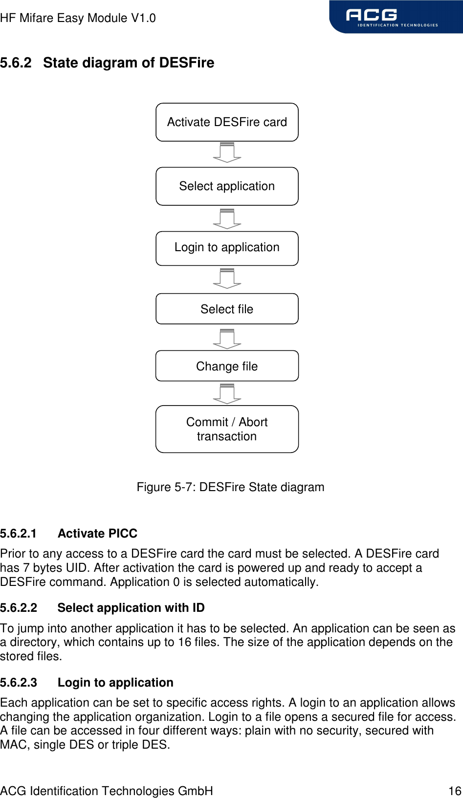 HF Mifare Easy Module V1.0 ACG Identification Technologies GmbH  16 5.6.2  State diagram of DESFire                     Figure 5-7: DESFire State diagram  5.6.2.1  Activate PICC  Prior to any access to a DESFire card the card must be selected. A DESFire card has 7 bytes UID. After activation the card is powered up and ready to accept a DESFire command. Application 0 is selected automatically. 5.6.2.2  Select application with ID To jump into another application it has to be selected. An application can be seen as a directory, which contains up to 16 files. The size of the application depends on the stored files. 5.6.2.3  Login to application Each application can be set to specific access rights. A login to an application allows changing the application organization. Login to a file opens a secured file for access. A file can be accessed in four different ways: plain with no security, secured with MAC, single DES or triple DES. Activate DESFire card Login to application Select file Change file Select application with ID Commit / Abort transaction      