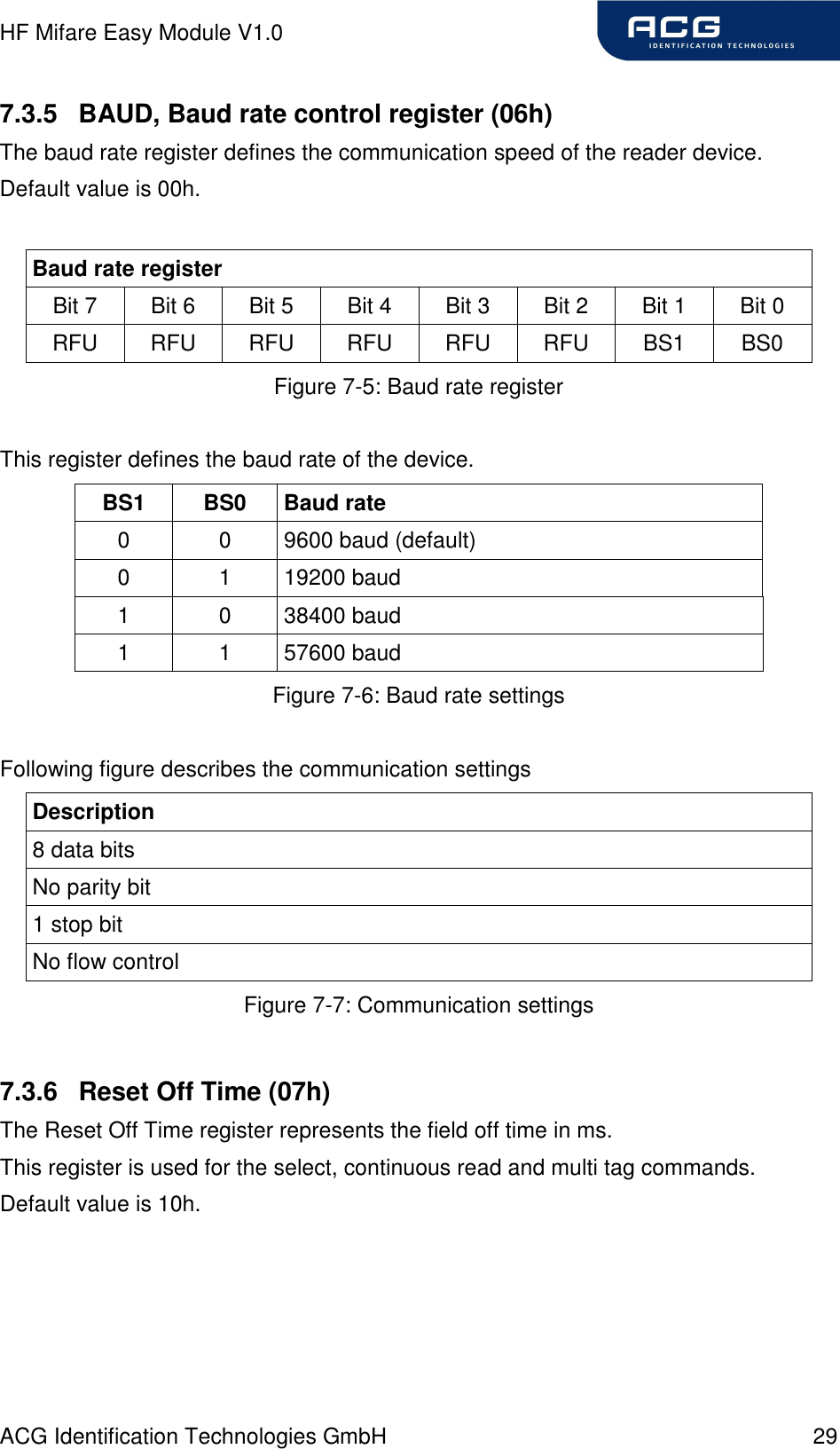 HF Mifare Easy Module V1.0 ACG Identification Technologies GmbH  29 7.3.5  BAUD, Baud rate control register (06h) The baud rate register defines the communication speed of the reader device. Default value is 00h.  Baud rate register Bit 7   Bit 6  Bit 5  Bit 4  Bit 3  Bit 2  Bit 1  Bit 0  RFU  RFU  RFU  RFU  RFU  RFU  BS1  BS0 Figure 7-5: Baud rate register  This register defines the baud rate of the device.  BS1  BS0  Baud rate 0  0  9600 baud (default) 0  1  19200 baud 1  0  38400 baud 1  1  57600 baud Figure 7-6: Baud rate settings  Following figure describes the communication settings Description 8 data bits No parity bit 1 stop bit No flow control Figure 7-7: Communication settings  7.3.6  Reset Off Time (07h) The Reset Off Time register represents the field off time in ms. This register is used for the select, continuous read and multi tag commands. Default value is 10h.  