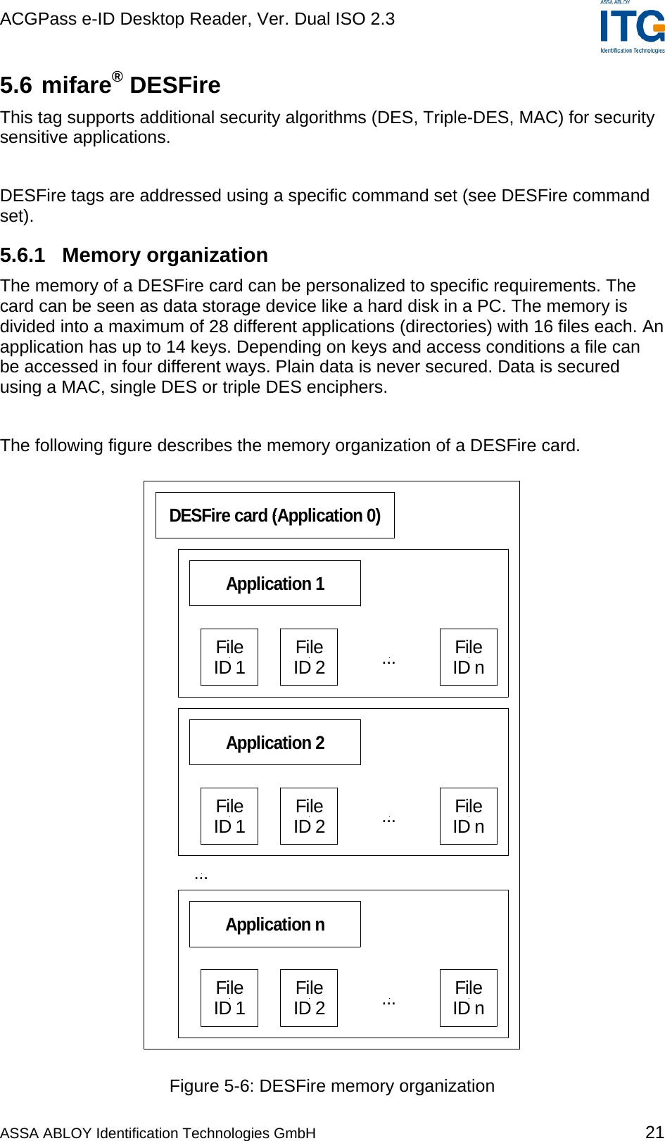 ACGPass e-ID Desktop Reader, Ver. Dual ISO 2.3    5.6 mifare® DESFire This tag supports additional security algorithms (DES, Triple-DES, MAC) for security sensitive applications.  DESFire tags are addressed using a specific command set (see DESFire command set). 5.6.1 Memory organization The memory of a DESFire card can be personalized to specific requirements. The card can be seen as data storage device like a hard disk in a PC. The memory is divided into a maximum of 28 different applications (directories) with 16 files each. An application has up to 14 keys. Depending on keys and access conditions a file can be accessed in four different ways. Plain data is never secured. Data is secured using a MAC, single DES or triple DES enciphers.  The following figure describes the memory organization of a DESFire card. FileID 2Application 1FileID 1 ... FileID nFileID 2Application 2FileID 1 ... FileID nFileID 2Application nFileID 1 ... FileID n...DESFire card (Application 0) Figure 5-6: DESFire memory organization ASSA ABLOY Identification Technologies GmbH 21 