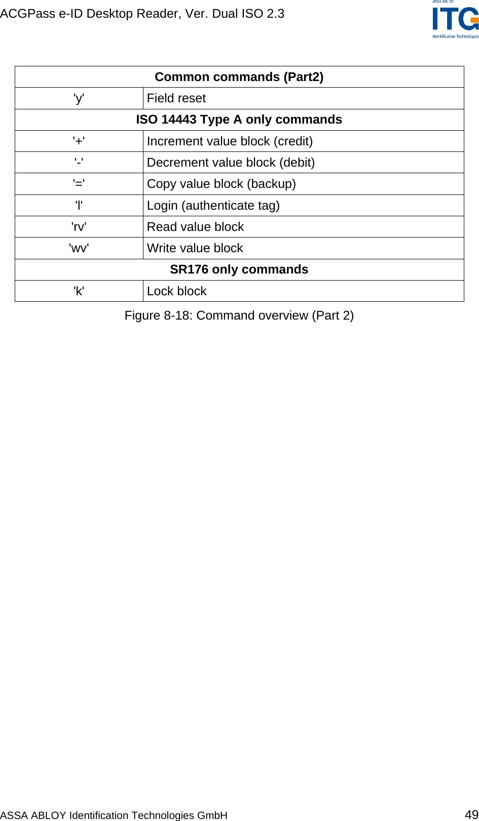 ACGPass e-ID Desktop Reader, Ver. Dual ISO 2.3     Common commands (Part2) &apos;y&apos; Field reset ISO 14443 Type A only commands &apos;+&apos;  Increment value block (credit) &apos;-&apos;  Decrement value block (debit) &apos;=&apos;  Copy value block (backup) &apos;l&apos;  Login (authenticate tag) &apos;rv&apos;  Read value block &apos;wv&apos;  Write value block SR176 only commands &apos;k&apos; Lock block Figure 8-18: Command overview (Part 2) ASSA ABLOY Identification Technologies GmbH 49 