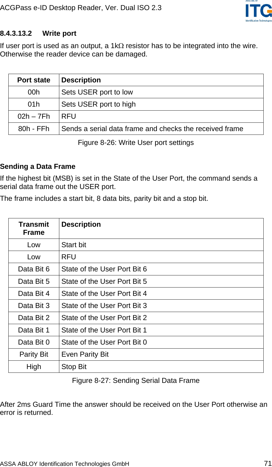 ACGPass e-ID Desktop Reader, Ver. Dual ISO 2.3    8.4.3.13.2 Write port If user port is used as an output, a 1kΩ resistor has to be integrated into the wire. Otherwise the reader device can be damaged.  Port state  Description 00h  Sets USER port to low 01h  Sets USER port to high 02h – 7Fh  RFU 80h - FFh  Sends a serial data frame and checks the received frame Figure 8-26: Write User port settings  Sending a Data Frame If the highest bit (MSB) is set in the State of the User Port, the command sends a serial data frame out the USER port. The frame includes a start bit, 8 data bits, parity bit and a stop bit.  Transmit Frame  Description Low Start bit Low RFU Data Bit 6  State of the User Port Bit 6 Data Bit 5  State of the User Port Bit 5 Data Bit 4  State of the User Port Bit 4 Data Bit 3  State of the User Port Bit 3 Data Bit 2  State of the User Port Bit 2 Data Bit 1  State of the User Port Bit 1 Data Bit 0  State of the User Port Bit 0 Parity Bit  Even Parity Bit High Stop Bit Figure 8-27: Sending Serial Data Frame  After 2ms Guard Time the answer should be received on the User Port otherwise an error is returned.   ASSA ABLOY Identification Technologies GmbH 71 