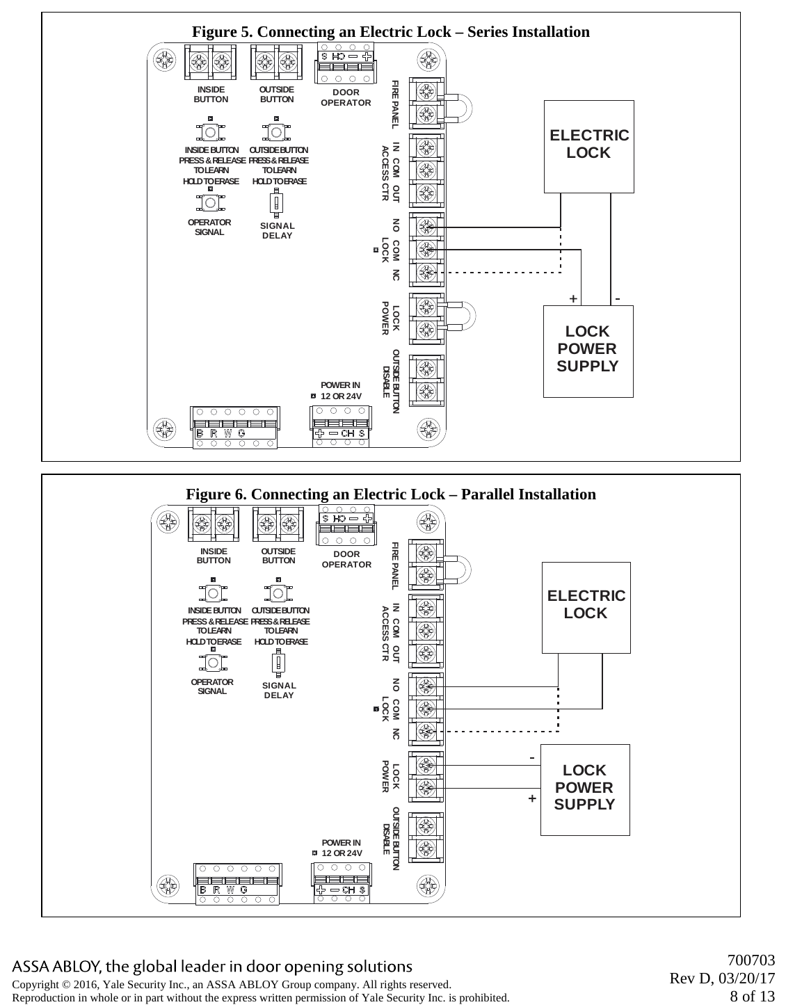       700703 Rev D, 03/20/17 8 of 13 Copyright © 2016, Yale Security Inc., an ASSA ABLOY Group company. All rights reserved. Reproduction in whole or in part without the express written permission of Yale Security Inc. is prohibited.  Figure 5. Connecting an Electric Lock – Series Installation ELECTRIC LOCKLOCKPOWERSUPPLYINSIDE BUTTONPRESS &amp; RELEASETO LEARNHOLD TO ERASEOUTSIDEBUTTON DOOROPERATOROPERATORSIGNAL SIGNALDELAYFIRE PANEL IN   COM   OUTACCESS CTR NO   COM   NCLOCK LOCKPOWER OUTSIDE BUTTONDISABLEPOWER IN12 OR 24VOUTSI DE BUTTONPRESS &amp; RELEASETO LEARNHOLD TO ERASEINSIDEBUTTON Figure 6. Connecting an Electric Lock – Parallel Installation ELECTRIC LOCKLOCKPOWERSUPPLYINSIDE BUTTONPRESS &amp; RELEASETO LEARNHOLD TO ERASEOUTSIDEBUTTON DOOROPERATOROPERATORSIGNAL SIGNALDELAYFIRE PANELIN   COM   OUTACCESS CTRNO   COM   NCLOCKLOCKPOWEROUTSIDE BUTTONDISABLEPOWER IN12 OR 24VOUTSI DE BUTTONPRESS &amp; RELEASETO LEARNHOLD TO ERASEINSIDEBUTTON   