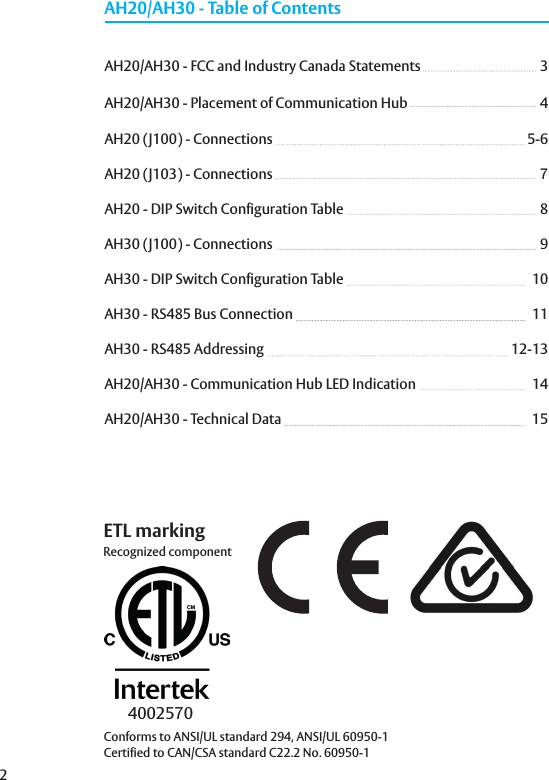2AH20/AH30 - FCC and Industry Canada Statements  3AH20/AH30 - Placement of Communication Hub  4AH20 (J100) - Connections 5-6AH20 (J103) - Connections  7AH20 - DIP Switch Configuration Table  8AH30 (J100) - Connections   9AH30 - DIP Switch Configuration Table   10AH30 - RS485 Bus Connection   11AH30 - RS485 Addressing   12-13AH20/AH30 - Communication Hub LED Indication   14AH20/AH30 - Technical Data  15ETL markingRecognized componentConforms to ANSI/UL standard 294, ANSI/UL 60950-1Certified to CAN/CSA standard C22.2 No. 60950-14002570AH20/AH30 - Table of Contents