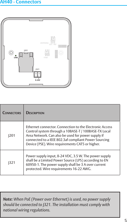 5AH40 - ConnectorsNote: When PoE (Power over Ethernet) is used, no power supply should be connected to J321. The installation must comply with national wiring regulations.ConneCtors DesCriptionJ201Ethernet connector. Connection to the Electronic Access Control system through a 10BASE-T / 100BASE-TX Local Area Network. Can also be used for power supply if connected to a IEEE 802.3af compliant Power Sourcing Device (PSE). Wire requirements CAT5 or higher.J321Power supply input, 8-24 VDC, 3.5 W. The power supply shall be a Limited Power Source (LPS) according to EN 60950-1. The power supply shall be 3 A over current protected. Wire requirements 16-22 AWG.8-24V-     +LINK PAIRJ201J321ANTENNAEXT INT