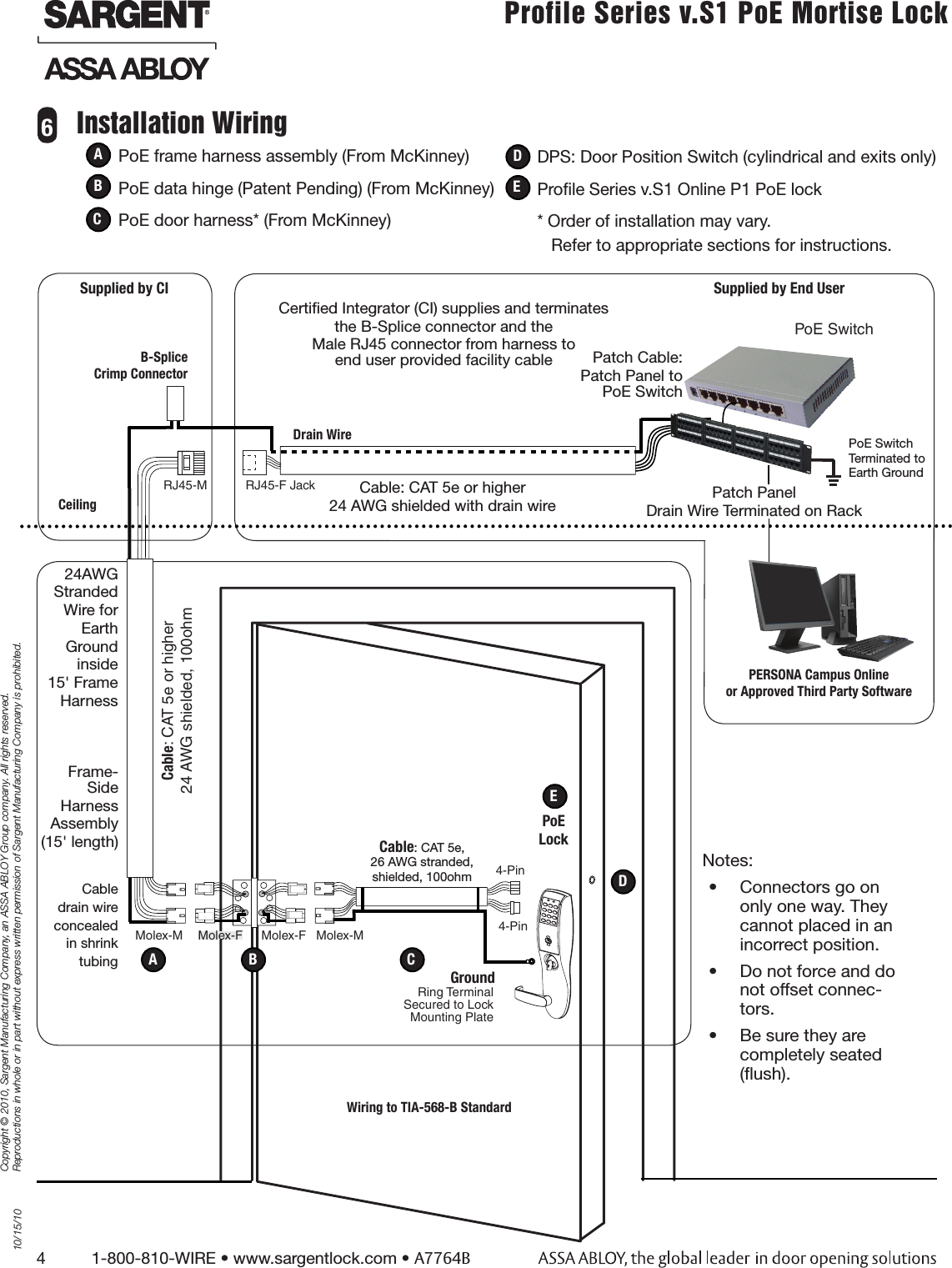 4          1-800-810-WIRE • www.sargentlock.com • A7764BCopyright © 2010, Sargent Manufacturing Company, an ASSA ABLOY Group company. All rights reserved. Reproductions in whole or in part without express written permission of Sargent Manufacturing Company is prohibited.10/15/10Profile Series v.S1 PoE Mortise Lock  PoE frame harness assembly (From McKinney)PoE data hinge (Patent Pending) (From McKinney)PoE door harness* (From McKinney)6Installation WiringCable: CAT 5e or higher24 AWG shielded with drain wire4-PinMolex-F Molex-F Molex-MCable: CAT 5e,26 AWG stranded,shielded, 100ohmWiring to TIA-568-B StandardRJ45-M Molex-MRJ45-F Jack Cable: CAT 5e or higher24 AWG shielded, 100ohmPERSONA Campus Onlineor Approved Third Party SoftwareB-Splice Crimp ConnectorCertiﬁed Integrator (CI) supplies and terminates the B-Splice connector and the Male RJ45 connector from harness to  end user provided facility cableSupplied by End UserPoE SwitchPoE LockCeilingSupplied by CIPatch PanelDrain Wire Terminated on RackGroundRing Terminal Secured to Lock  Mounting PlateDrain Wire PoE SwitchTerminated toEarth GroundPatch Cable: Patch Panel to PoE Switch4-Pin DPS: Door Position Switch (cylindrical and exits only) Proﬁle Series v.S1 Online P1 PoE lock* Order of installation may vary.     Refer to appropriate sections for instructions.Frame-SideHarnessAssembly(15&apos; length)24AWG Stranded Wire for Earth Ground inside 15&apos; Frame HarnessCable drain wire concealed in shrink tubingAEDCA BEDCNotes:•  Connectors go on only one way. They cannot placed in an incorrect position.•  Do not force and do not offset connec-tors.•  Be sure they are completely seated (ﬂush).B