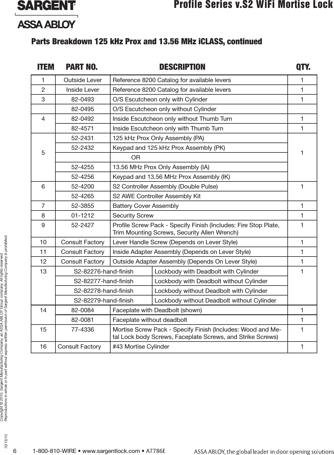 6          1-800-810-WIRE • www.sargentlock.com • A7786ECopyright © 2010, Sargent Manufacturing Company, an ASSA ABLOY Group company. All rights reserved. Reproductions in whole or in part without express written permission of Sargent Manufacturing Company is prohibited.10/15/10Profile Series v.S2 WiFi Mortise Lock1 Outside Lever Reference 8200 Catalog for available levers 12 Inside Lever Reference 8200 Catalog for available levers 13 82-0493 O/S Escutcheon only with Cylinder 182-0495 O/S Escutcheon only without Cylinder4 82-0492 Inside Escutcheon only without Thumb Turn 182-4571 Inside Escutcheon only with Thumb Turn 1552-2431 125 kHz Prox Only Assembly (PA)152-2432 Keypad and 125 kHz Prox Assembly (PK)           OR52-4255 13.56 MHz Prox Only Assembly (IA)52-4256 Keypad and 13.56 MHz Prox Assembly (IK)6 52-4200 S2 Controller Assembly (Double Pulse) 152-4265 S2 AWE Controller Assembly Kit7 52-3855 Battery Cover Assembly 18 01-1212 Security Screw 19 52-2427 Proﬁle Screw Pack - Specify Finish (Includes: Fire Stop Plate, Trim Mounting Screws, Security Allen Wrench)110 Consult Factory Lever Handle Screw (Depends on Lever Style) 111 Consult Factory Inside Adapter Assembly (Depends on Lever Style) 112 Consult Factory Outside Adapter Assembly (Depends On Lever Style) 113 S2-82276-hand-ﬁnish Lockbody with Deadbolt with Cylinder 1S2-82277-hand-ﬁnish Lockbody with Deadbolt without CylinderS2-82278-hand-ﬁnish Lockbody without Deadbolt with CylinderS2-82279-hand-ﬁnish Lockbody without Deadbolt without Cylinder14 82-0084 Faceplate with Deadbolt (shown) 182-0081 Faceplate without deadbolt 115 77-4336 Mortise Screw Pack - Specify Finish (Includes: Wood and Me-tal Lock body Screws, Faceplate Screws, and Strike Screws)116 Consult Factory #43 Mortise Cylinder 1   ITEM PART NO. DESCRIPTION QTY.Parts Breakdown 125 kHz Prox and 13.56 MHz iCLASS, continued