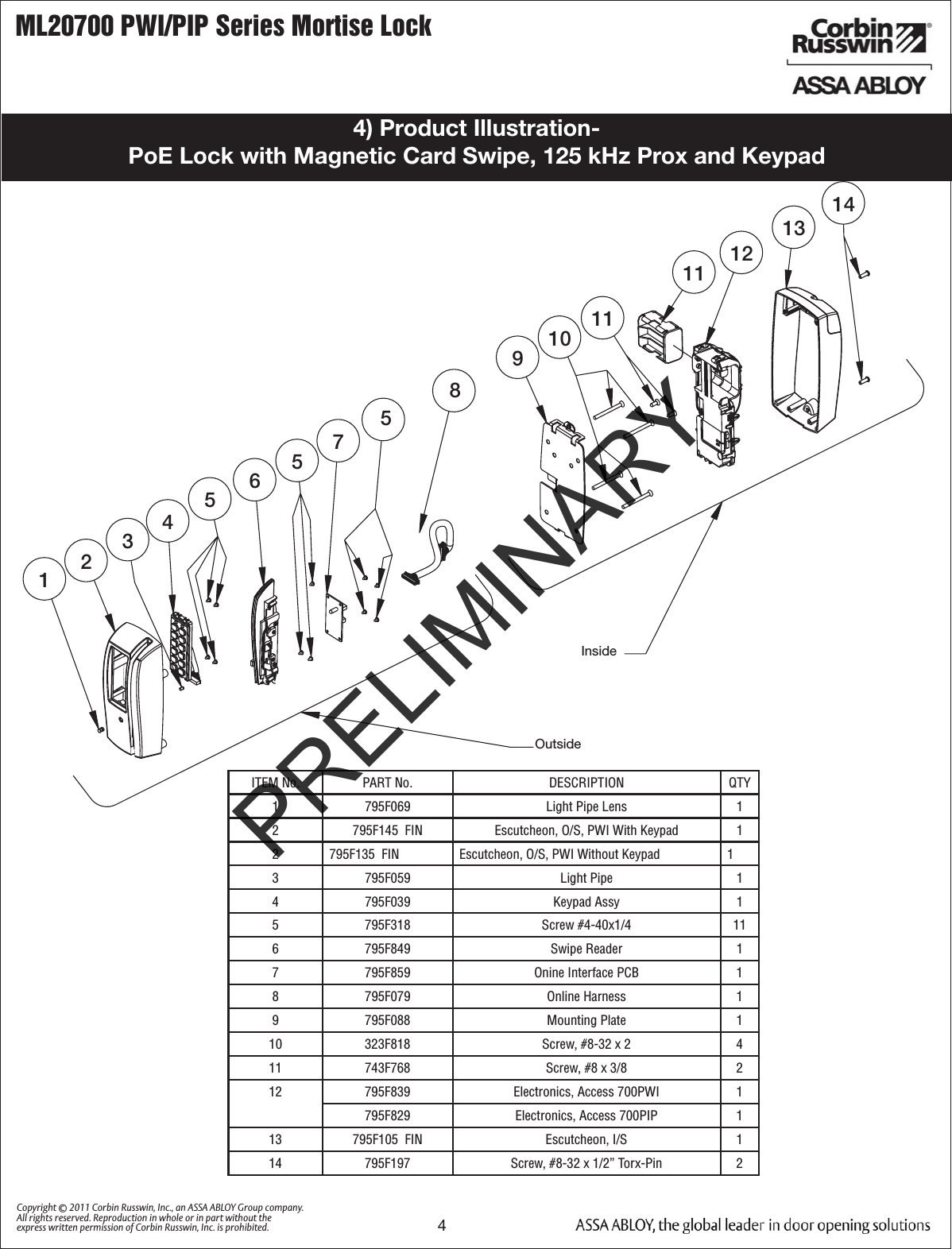 ML20700 PWI/PIP Series Mortise Lock4Copyright © 2011 Corbin Russwin, Inc., an ASSA ABLOY Group company. All rights reserved. Reproduction in whole or in part without the express written permission of Corbin Russwin, Inc. is prohibited.4) Product Illustration-  PoE Lock with Magnetic Card Swipe, 125 kHz Prox and Keypad91112131412467355101158InsideOutsideITEM No. PART No. DESCRIPTION QTY1 795F069 Light Pipe Lens 12 795F145  FIN Escutcheon, O/S, PWI With Keypad 12 795F135  FIN Escutcheon, O/S, PWI Without Keypad 13 795F059 Light Pipe 14 795F039 Keypad Assy 15 795F318 Screw #4-40x1/4 116 795F849 Swipe Reader 17 795F859 Onine Interface PCB 18 795F079 Online Harness 19 795F088 Mounting Plate 110 323F818 Screw, #8-32 x 2 411 743F768 Screw, #8 x 3/8 212 795F839 Electronics, Access 700PWI 1795F829 Electronics, Access 700PIP 113 795F105  FIN Escutcheon, I/S 114 795F197 Screw, #8-32 x 1/2” Torx-Pin 2PRELIMINARY