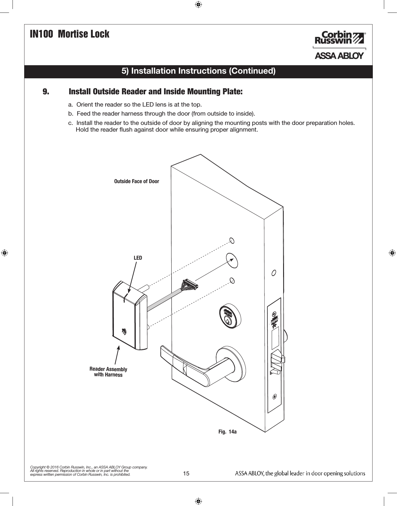 IN100  Mortise Lock15Copyright © 2016 Corbin Russwin, Inc., an ASSA ABLOY Group company. All rights reserved. Reproduction in whole or in part without the express written permission of Corbin Russwin, Inc. is prohibited.9.   Install Outside Reader and Inside Mounting Plate:Fig.  14aOutside Face of DoorReader Assembly with HarnessLED5) Installation Instructions (Continued)a.  Orient the reader so the LED lens is at the top.b.  Feed the reader harness through the door (from outside to inside).c.  Install the reader to the outside of door by aligning the mounting posts with the door preparation holes.                 Hold the reader ﬂush against door while ensuring proper alignment.