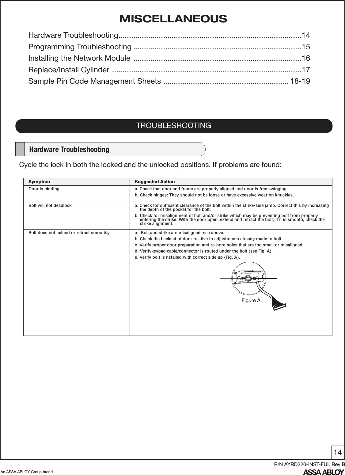 14An ASSA ABLOY Group brandP/N AYRD220-INST-FUL Rev BCycle the lock in both the locked and the unlocked positions. If problems are found: TROUBLESHOOTINGSymptom Suggested ActionDoor is binding a. Check that door and frame are properly aligned and door is free swinging.b. Check hinges: They should not be loose or have excessive wear on knuckles. Bolt will not deadlock a. Check for sufﬁcient clearance of the bolt within the strike-side jamb. Correct this by increasing     the depth of the pocket for the bolt.b. Check for misalignment of bolt and/or strike which may be preventing bolt from properly      entering the strike. With the door open, extend and retract the bolt; if it is smooth, check the     strike alignment.Bolt does not extend or retract smoothly    a.  Bolt and strike are misaligned, see above.b. Check the backset of door relative to adjustments already made to bolt.c. Verify proper door preparation and re-bore holes that are too small or misaligned.d. Verifykeypad cable/connector is routed under the bolt (see Fig. A).e. Verify bolt is nstalled with correct side up (Fig. A).    Hardware TroubleshootingMISCELLANEOUSHardware Troubleshooting ......................................................................................14 Programming Troubleshooting ...............................................................................15Installing the Network Module  ...............................................................................16Replace/Install Cylinder  .........................................................................................17Sample Pin Code Management Sheets ........................................................... 18-19Figure A