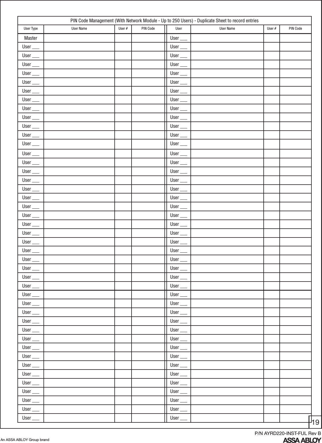 19An ASSA ABLOY Group brandP/N AYRD220-INST-FUL Rev BPIN Code Management (With Network Module - Up to 250 Users) - Duplicate Sheet to record entriesUser Type User Name User # PIN Code User User Name User # PIN CodeMaster User ___ User ___ User ___ User ___  User ___  User ___  User ___ User ___   User ___  User ___  User ___ User ___  User ___ User ___  User ___ User ___   User ___  User ___  User ___ User ___  User ___ User ___  User ___ User ___   User ___  User ___  User ___ User ___  User ___ User ___  User ___ User ___   User ___  User ___  User ___ User ___  User ___ User ___  User ___ User ___   User ___  User ___  User ___ User ___  User ___ User ___  User ___ User ___   User ___  User ___  User ___ User ___  User ___ User ___  User ___ User ___   User ___  User ___  User ___ User ___  User ___ User ___  User ___ User ___   User ___  User ___  User ___ User ___  User ___ User ___   User ___  User ___  User ___ User ___  User ___ User ___  User ___ User ___   User ___  User ___  User ___ User ___  User ___ User ___   User ___  User ___  User ___ 