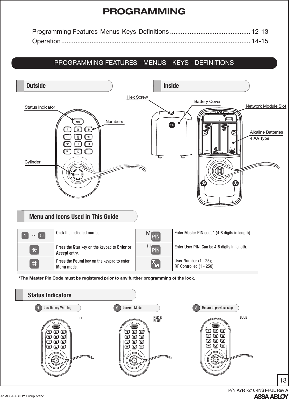 13An ASSA ABLOY Group brandP/N AYRT-210-INST-FUL Rev APROGRAMMINGPROGRAMMING FEATURES - MENUS - KEYS - DEFINITIONSProgramming Features-Menus-Keys-Deﬁnitions ............................................. 12-13Operation .......................................................................................................... 14-15Network Module SlotAlkaline Batteries4 AA Type  Hex Screw     Battery Cover   Outside    Inside    Menu and Icons Used in This GuideClick the indicated number.     Enter Master PIN code* (4-8 digits in length).Press the Star key on the keypad to Enter or Accept entry.     Enter User PIN. Can be 4-8 digits in length.Press the Pound key on the keypad to enter Menu mode.User Number (1 - 25);  RF Controlled (1 - 250).~MUStatus IndicatorNumbersCylinder   Low Battery Warning1   Lockout Mode2     Return to previous step3    Status IndicatorsRED RED &amp; BLUEBLUE*The Master Pin Code must be registered prior to any further programming of the lock.