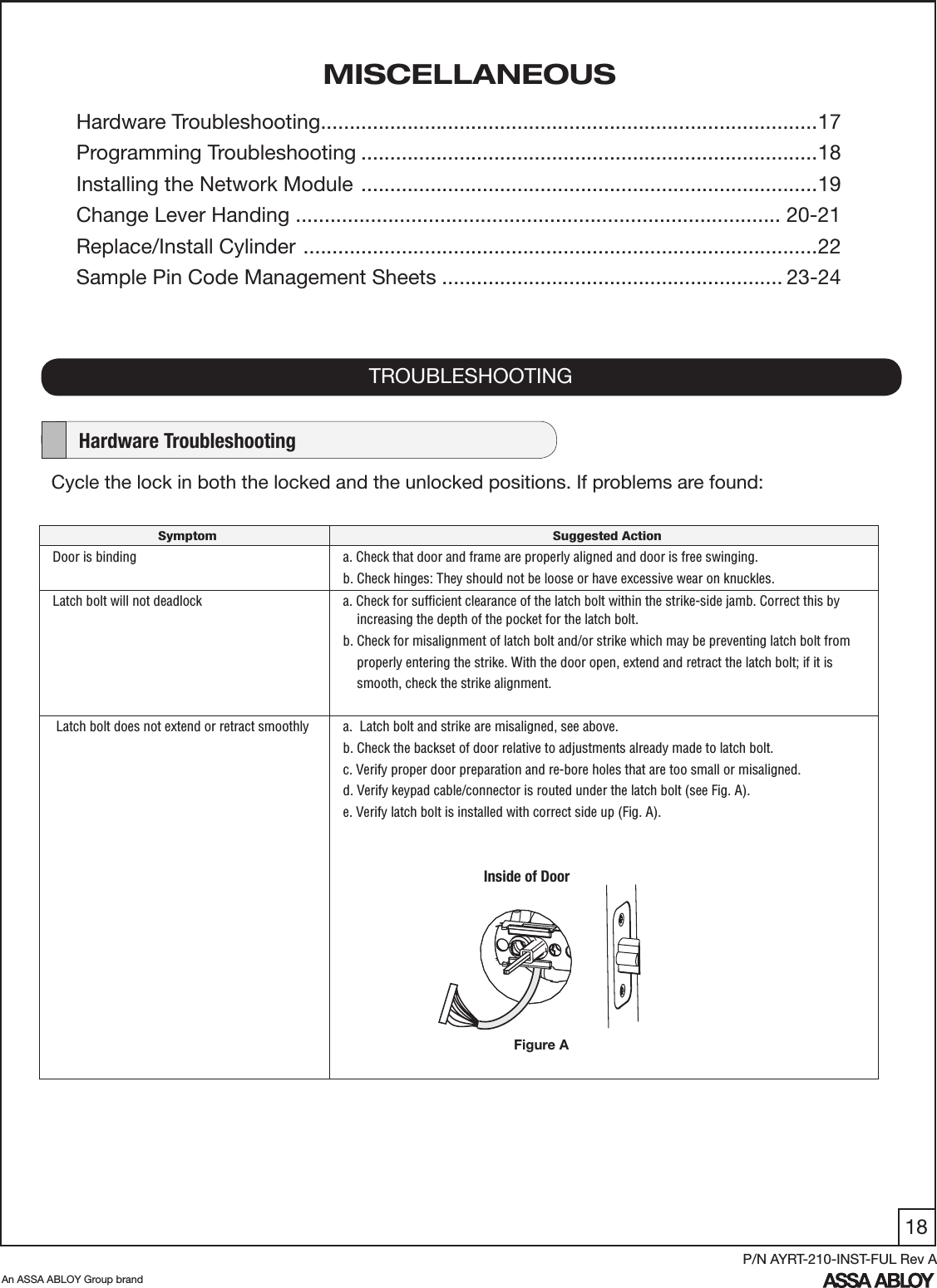 18An ASSA ABLOY Group brandP/N AYRT-210-INST-FUL Rev ACycle the lock in both the locked and the unlocked positions. If problems are found: TROUBLESHOOTING    Hardware TroubleshootingSymptom Suggested ActionDoor is binding a. Check that door and frame are properly aligned and door is free swinging.b. Check hinges: They should not be loose or have excessive wear on knuckles. Latch bolt will not deadlock a. Check for sufﬁcient clearance of the latch bolt within the strike-side jamb. Correct this by     increasing the depth of the pocket for the latch bolt.b. Check for misalignment of latch bolt and/or strike which may be preventing latch bolt from     properly entering the strike. With the door open, extend and retract the latch bolt; if it is     smooth, check the strike alignment. Latch bolt does not extend or retract smoothly   a.  Latch bolt and strike are misaligned, see above.b. Check the backset of door relative to adjustments already made to latch bolt.c. Verify proper door preparation and re-bore holes that are too small or misaligned.d. Verify keypad cable/connector is routed under the latch bolt (see Fig. A).e. Verify latch bolt is installed with correct side up (Fig. A).MISCELLANEOUSHardware Troubleshooting ......................................................................................17 Programming Troubleshooting ...............................................................................18Installing the Network Module  ...............................................................................19Change Lever Handing .................................................................................... 20-21 Replace/Install Cylinder  .........................................................................................22Sample Pin Code Management Sheets ........................................................... 23-24Inside of DoorFigure A