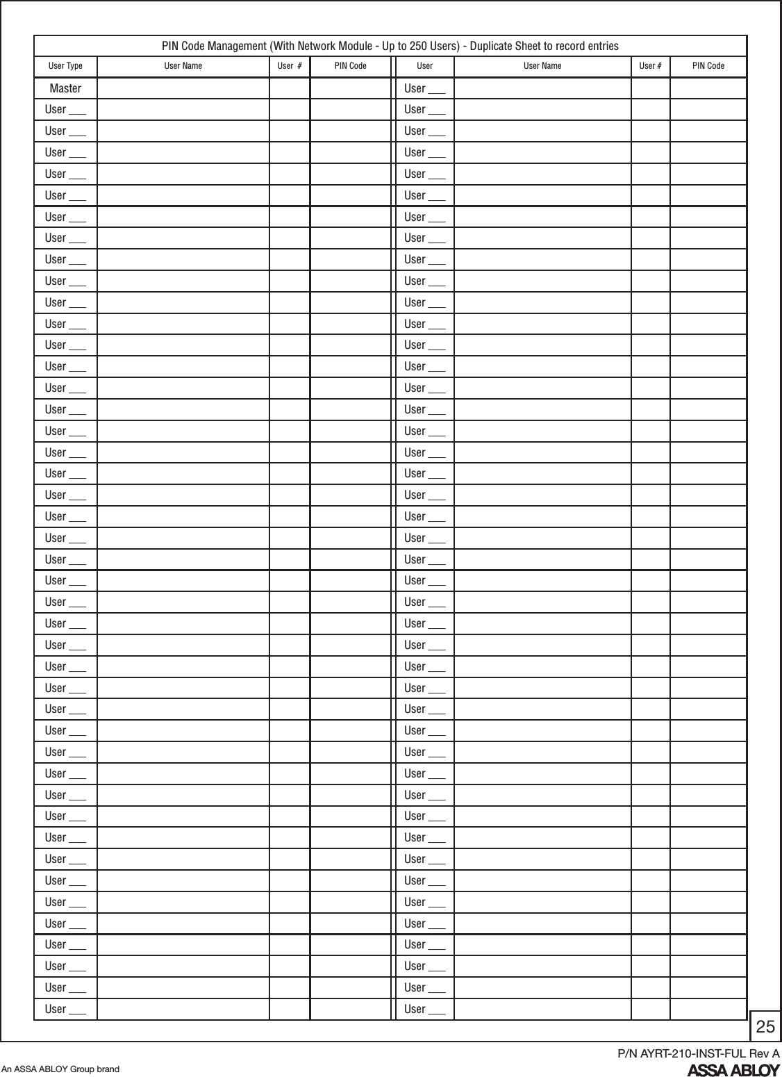 25An ASSA ABLOY Group brandP/N AYRT-210-INST-FUL Rev APIN Code Management (With Network Module - Up to 250 Users) - Duplicate Sheet to record entriesUser Type User Name User  # PIN Code User User Name User # PIN CodeMaster User ___ User ___ User ___ User ___  User ___  User ___  User ___ User ___   User ___  User ___  User ___ User ___  User ___ User ___  User ___ User ___   User ___  User ___  User ___ User ___  User ___ User ___  User ___ User ___   User ___  User ___  User ___ User ___  User ___ User ___  User ___ User ___   User ___  User ___  User ___ User ___  User ___ User ___  User ___ User ___   User ___  User ___  User ___ User ___  User ___ User ___  User ___ User ___   User ___  User ___  User ___ User ___  User ___ User ___  User ___ User ___   User ___  User ___  User ___ User ___  User ___ User ___  User ___ User ___   User ___  User ___  User ___ User ___  User ___ User ___   User ___  User ___  User ___ User ___  User ___ User ___  User ___ User ___   User ___  User ___  User ___ User ___  User ___ User ___   User ___  User ___  User ___ 