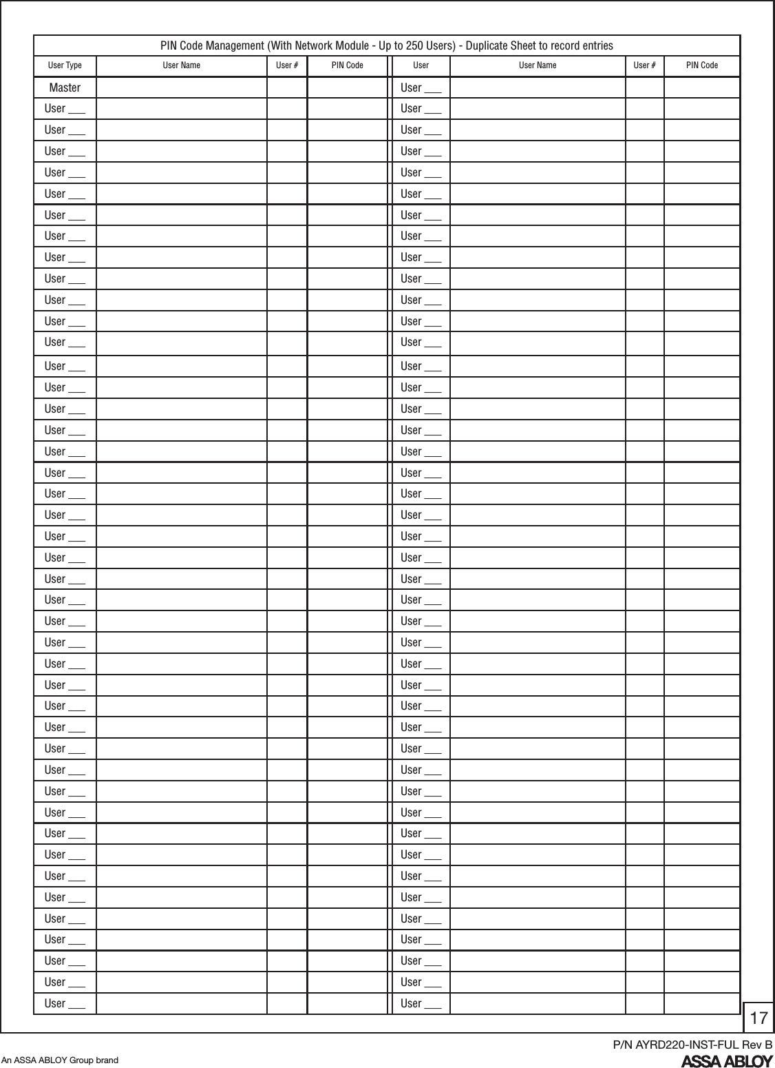 17An ASSA ABLOY Group brandP/N AYRD220-INST-FUL Rev BPIN Code Management (With Network Module - Up to 250 Users) - Duplicate Sheet to record entriesUser Type User Name User # PIN Code User User Name User # PIN CodeMaster User ___ User ___ User ___ User ___  User ___  User ___  User ___ User ___   User ___  User ___  User ___ User ___  User ___ User ___  User ___ User ___   User ___  User ___  User ___ User ___  User ___ User ___  User ___ User ___   User ___  User ___  User ___ User ___  User ___ User ___  User ___ User ___   User ___  User ___  User ___ User ___  User ___ User ___  User ___ User ___   User ___  User ___  User ___ User ___  User ___ User ___  User ___ User ___   User ___  User ___  User ___ User ___  User ___ User ___  User ___ User ___   User ___  User ___  User ___ User ___  User ___ User ___  User ___ User ___   User ___  User ___  User ___ User ___  User ___ User ___   User ___  User ___  User ___ User ___  User ___ User ___  User ___ User ___   User ___  User ___  User ___ User ___  User ___ User ___   User ___  User ___  User ___ 