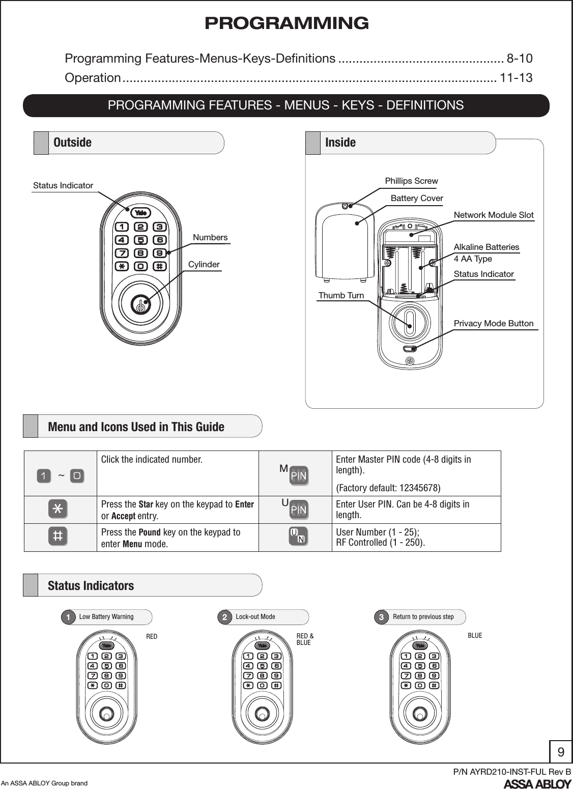 9An ASSA ABLOY Group brandP/N AYRD210-INST-FUL Rev BPROGRAMMING FEATURES - MENUS - KEYS - DEFINITIONSPhillips ScrewNetwork Module SlotAlkaline Batteries4 AA TypeThumb TurnStatus IndicatorBattery Cover   Outside    InsideStatus IndicatorNumbersPrivacy Mode Button    Menu and Icons Used in This GuideCylinderClick the indicated number.     Enter Master PIN code (4-8 digits in length).(Factory default: 12345678)Press the Star key on the keypad to Enter or Accept entry.     Enter User PIN. Can be 4-8 digits in length.Press the Pound key on the keypad to enter Menu mode.User Number (1 - 25);  RF Controlled (1 - 250).~MU   Low Battery Warning1   Lock-out Mode2     Return to previous step3    Status IndicatorsRED RED &amp; BLUEBLUEPROGRAMMINGProgramming Features-Menus-Keys-Deﬁnitions ............................................... 8-10Operation .......................................................................................................... 11-13