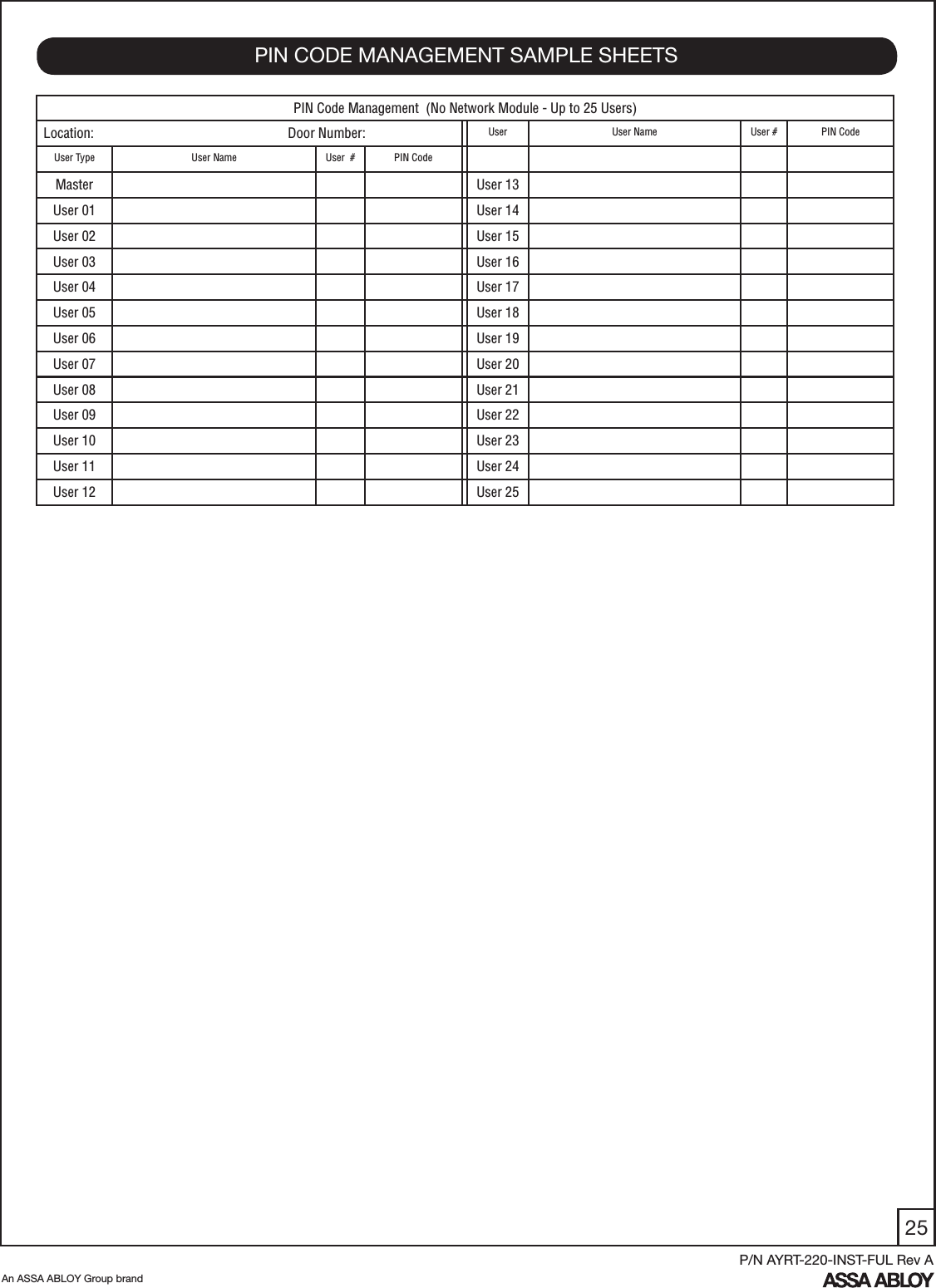 25An ASSA ABLOY Group brandP/N AYRT-220-INST-FUL Rev APIN CODE MANAGEMENT SAMPLE SHEETSPIN Code Management  (No Network Module - Up to 25 Users)Location:                                                        Door Number:  User User Name User # PIN CodeUser Type User Name User  # PIN CodeMaster User 13User 01  User 14User 02 User 15User 03 User 16User 04 User 17User 05 User 18User 06 User 19User 07 User 20User 08 User 21User 09 User 22User 10 User 23User 11 User 24User 12 User 25