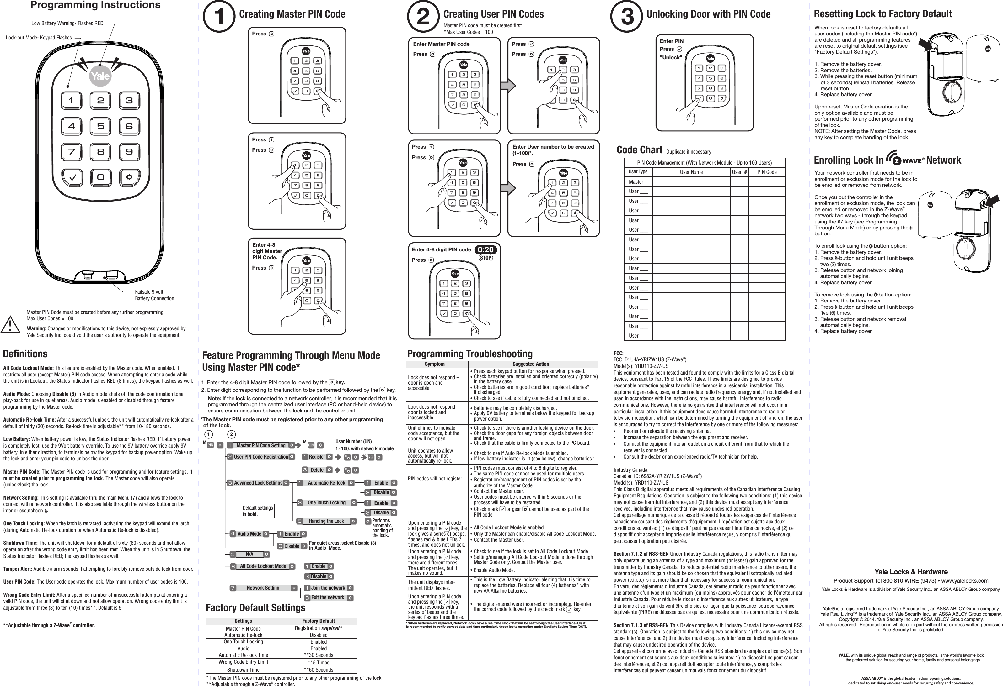 Programming InstructionsPress   Enter Master PIN code  Press       Enter User number to be created(1-100)*.Enter 4-8 digit PIN code   &quot;Unlock&quot;Master PIN Code SettingMM  User PIN Code Registration RegisterDeleteAdvanced Lock SettingsAudio ModeN/A All Code Lockout ModeNetwork Setting Join the networkEnableEnableDisableExit the networkDisable  User Number (UN)1~100: with network module 1 2UAutomatic Re-lock  Enable  Disable   One Touch Locking  Enable  Disable   Feature Programming Through Menu ModeUsing Master PIN code*  *The Master PIN code must be registered prior to any other programming  of the lock.Handing the LockFor quiet areas, select Disable (3) in  Audio  Mode.1. Enter the 4-8 digit Master PIN code followed by the   key. 2. Enter digit corresponding to the function to be performed followed by the   key. Note: If the lock is connected to a network controller, it is recommended that it is programmed through the centralized user interface (PC or hand-held device) to ensure communication between the lock and the controller unit.     Programming Troubleshooting* When batteries are replaced, Network locks have a real time clock that will be set through the User Interface (UI); it is recommended to verify correct date and time particularly those locks operating under Daylight Saving Time (DST).Symptom Suggested ActionLock does not respond – door is open and accessible. • Press each keypad button for response when pressed.• Check batteries are installed and oriented correctly (polarity) in the battery case.• Check batteries are in good condition; replace batteries* if discharged.• Check to see if cable is fully connected and not pinched.• Batteries may be completely discharged.• Apply 9V battery to terminals below the keypad for backuppower option.Unit chimes to indicate code acceptance, but thedoor will not open.• Check to see if there is another locking device on the door.• Check the door gaps for any foreign objects between door and frame.• Check that the cable is ﬁrmly connected to the PC board.Unit operates to allow access, but will notautomatically re-lock.  • Check to see if Auto Re-lock Mode is enabled.• If low battery indicator is lit (see below), change batteries*.PIN codes will not register.• PIN codes must consist of 4 to 8 digits to register.• The same PIN code cannot be used for multiple users. • Registration/management of PIN codes is set by the authority of the Master Code.• Contact the Master user.• User codes must be entered within 5 seconds or the process will have to be restarted.• Check mark  or gear    cannot be used as part of theUpon entering a PIN code and pressing the (*) key, thelock gives a series of beeps,ﬂashes red &amp; blue LEDs 7 times, and does not unlock.• All Code Lockout Mode is enabled.• Only the Master can enable/disable All Code Lockout Mode.• Contact the Master user.Upon entering a PIN code and pressing the (*) key, there are different tones.• Check to see if the lock is set to All Code Lockout Mode.• Setting/managing All Code Lockout Mode is done through Master Code only. Contact the Master user. The unit operates, but it makes no sound.   • Enable Audio Mode.The unit displays inter-mittent RED ﬂashes. • This is the Low Battery indicator alerting that it is time to replace the batteries. Replace all four (4) batteries* with new AA Alkaline batteries. Upon entering a PIN code and pressing the (*) key, the unit responds with a series of beeps and the keypad ﬂashes three times.   • The digits entered were incorrect or incomplete. Re-enter the correct code followed by the check mark (*) key. All Code Lockout Mode: This feature is enabled by the Master code. When enabled, it restricts all user (except Master) PIN code access. When attempting to enter a code while the unit is in Lockout, the Status Indicator ﬂashes RED (8 times); the keypad ﬂashes as well.Audio Mode: Choosing Disable (3) in Audio mode shuts off the code conﬁrmation tone play-back for use in quiet areas. Audio mode is enabled or disabled through feature programming by the Master code.Automatic Re-lock Time: After a successful unlock, the unit will automatically re-lock after a default of thirty (30) seconds. Re-lock time is adjustable** from 10-180 seconds.Low Battery: When battery power is low, the Status Indicator ﬂashes RED. If battery power is completely lost, use the 9Volt battery override. To use the 9V battery override apply 9V battery, in either direction, to terminals below the keypad for backup power option. Wake up the lock and enter your pin code to unlock the door. Master PIN Code: The Master PIN code is used for programming and for feature settings. It must be created prior to programming the lock. The Master code will also operate (unlock/lock) the lock.Network Setting: This setting is available thru the main Menu (7) and allows the lock to connect with a network controller.  It is also available through the wireless button on the interior escutcheon     .One Touch Locking: When the latch is retracted, activating the keypad will extend the latch (during Automatic Re-lock duration or when Automatic Re-lock is disabled).Shutdown Time: The unit will shutdown for a default of sixty (60) seconds and not allow operation after the wrong code entry limit has been met. When the unit is in Shutdown, the Status Indicator ﬂashes RED; the keypad ﬂashes as well.Tamper Alert: Audible alarm sounds if attempting to forcibly remove outside lock from door.User PIN Code: The User code operates the lock. Maximum number of user codes is 100.Wrong Code Entry Limit: After a speciﬁed number of unsuccessful attempts at entering a valid PIN code, the unit will shut down and not allow operation. Wrong code entry limit is adjustable from three (3) to ten (10) times**. Default is 5.Lock does not respond – door is locked and inaccessible.  PIN code.Press   Press   Press   STOP0:20Press   Press   Press       **Adjustable through a Z-Wave  controller.®Deﬁnitions  Creating Master PIN Code1Press   Press   Enter 4-8digit MasterPIN Code. Press     Creating User PIN Codes2Master PIN code must be created ﬁrst.*Max User Codes = 100  Unlocking Door with PIN Code3Enter PIN   Press       Resetting Lock to Factory Default    Factory Default SettingsSettings Factory DefaultMaster PIN Code Registration required*Automatic Re-lock DisabledOne Touch Locking EnabledAudio EnabledAutomatic Re-lock Time **30 SecondsWrong Code Entry Limit **5 TimesShutdown Time **60 Seconds**Adjustable through a Z-Wave  controller.®*The Master PIN code must be registered prior to any other programming of the lock.When lock is reset to factory defaults all user codes (including the Master PIN code*) are deleted and all programming features are reset to original default settings (see &quot;Factory Default Settings&quot;).1. Remove the battery cover.2. Remove the batteries.3. While pressing the reset button (minimum of 3 seconds) reinstall batteries. Release reset button.4. Replace battery cover.Upon reset, Master Code creation is the only option available and must be performed prior to any other programming of the lock. NOTE: After setting the Master Code, press any key to complete handing of the lock.Default settingsin bold.Performsautomatichanding ofthe lock.User ___User ___ User ___ User ___  User ___ User ___ User ___  User ___ User ___     Enrolling Lock In                 Network ® Low Battery Warning- Flashes REDFailsafe 9 voltBattery ConnectionFCC:®FCC ID: U4A-YRIZW1US (Z-Wave )Model(s): YRD110-ZW-USThis equipment has been tested and found to comply with the limits for a Class B digitaldevice, pursuant to Part 15 of the FCC Rules. These limits are designed to provide reasonable protection against harmful interference in a residential installation. This equipment generates, uses, and can radiate radio frequency energy and, if not installed and used in accordance with the instructions, may cause harmful interference to radio communications. However, there is no guarantee that interference will not occur in a particular installation. If this equipment does cause harmful Interference to radio or television reception, which can be determined by turning the equipment off and on, the user is encouraged to try to correct the interference by one or more of the following measures: Reorient or relocate the receiving antenna. Increase the separation between the equipment and receiver. Connect the equipment into an outlet on a circuit different from that to which the receiver is connected. Consult the dealer or an experienced radio/TV technician for help.Industry Canada:®Canadian ID: 6982A-YRIZW1US (Z-Wave )Model(s): YRD110-ZW-USThis Class B digital apparatus meets all requirements of the Canadian Interference CausingEquipment Regulations. Operation is subject to the following two conditions: (1) this device may not cause harmful interference, and (2) this device must accept any interference received, including interference that may cause undesired operation.Cet appareillage numérique de la classe B répond à toutes les exigences de l&apos;interférence canadienne causant des règlements d&apos;équipement. L&apos;opération est sujette aux deux conditions suivantes: (1) ce dispositif peut ne pas causer l&apos;interférence nocive, et (2) ce dispositif doit accepter n&apos;importe quelle interférence reçue, y compris l&apos;interférence qui peut causer l&apos;opération peu désirée.Section 7.1.2 of RSS-GEN Under Industry Canada regulations, this radio transmitter may only operate using an antenna of a type and maximum (or lesser) gain approved for the transmitter by Industry Canada. To reduce potential radio interference to other users, the antenna type and its gain should be so chosen that the equivalent isotropically radiated power (e.i.r.p.) is not more than that necessary for successful communication.En vertu des règlements d&apos;Industrie Canada, cet émetteur radio ne peut fonctionner avec une antenne d&apos;un type et un maximum (ou moins) approuvés pour gagner de l&apos;émetteur par Industrie Canada. Pour réduire le risque d&apos;interférence aux autres utilisateurs, le type d&apos;antenne et son gain doivent être choisies de façon que la puissance isotrope rayonnée équivalente (PIRE) ne dépasse pas ce qui est nécessaire pour une communication réussie.Section 7.1.3 of RSS-GEN This Device complies with Industry Canada License-exempt RSS standard(s). Operation is subject to the following two conditions: 1) this device may not cause interference, and 2) this device must accept any interference, including interference that may cause undesired operation of the device.Cet appareil est conforme avec Industrie Canada RSS standard exemptes de licence(s). Sonfonctionnement est soumis aux deux conditions suivantes: 1) ce dispositif ne peut causer des interférences, et 2) cet appareil doit accepter toute interférence, y compris les interférences qui peuvent causer un mauvais fonctionnement du dispositif.Product Support Tel 800.810.WIRE (9473) • www.yalelocks.comYale® is a registered trademark of Yale Security Inc., an ASSA ABLOY Group company. Yale Real Living™ is a trademark of  Yale Security Inc., an ASSA ABLOY Group company.Copyright © 2014, Yale Security Inc., an ASSA ABLOY Group company. All rights reserved.  Reproduction in whole or in part without the express written permission of Yale Security Inc. is prohibited.Yale Locks &amp; Hardware is a division of Yale Security Inc., an ASSA ABLOY Group company.YALE, with its unique global reach and range of products, is the world&apos;s favorite lock–  the preferred solution for securing your home, family and personal belongings.ASSA ABLOY is the global leader in door opening solutions, dedicated to satisfying end-user needs for security, safety and convenience.!Master PIN Code must be created before any further programming.Max User Codes = 100  Warning: Changes or modiﬁcations to this device, not expressly approved by Yale Security Inc. could void the user&apos;s authority to operate the equipment.PIN Code Management (With Network Module - Up to 100 Users) Duplicate if necessary User Name User  # PIN CodeMasterUser ___User ___ User ___ User ___      Code ChartUser TypeUser ___User ___ User ___ Your network controller ﬁrst needs to be in enrollment or exclusion mode for the lock to be enrolled or removed from network. Once you put the controller in the enrollment or exclusion mode, the lock can ®be enrolled or removed in the Z-Wave  network two ways - through the keypad using the #7 key (see Programming Through Menu Mode) or by pressing the    button.To enroll lock using the    button option:1. Remove the battery cover.2. Press    button and hold until unit beeps two (2) times.3. Release button and network joining automatically begins.4. Replace battery cover.To remove lock using the    button option:1. Remove the battery cover.2. Press    button and hold until unit beeps ﬁve (5) times.3. Release button and network removal automatically begins.4. Replace battery cover.Lock-out Mode- Keypad Flashes