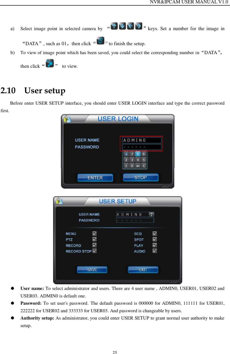                                                                  NVR&amp;IPCAM USER MANUAL V1.0 25 a) Select image point in selected camera by  keys. Set a number for the image in DATA , such as 01 then click  to finish the setup. b) To view of image point which has been saved, you could select the corresponding number in DATAthen click  to view. 2.10 User setup Before enter USER SETUP interface, you should enter USER LOGIN interface and type the correct password first.     User name: To select administrator and users. There are 4 user name , ADMIN0, USER01, USER02 and USER03. ADMIN0 is default one.                      Password: To set user's password. The default password is 000000 for ADMIN0, 111111 for USER01, 222222 for USER02 and 333333 for USER03. And password is changeable by users.  Authority setup: As administrator, you could enter USER SETUP to grant normal user authority to make setup.  