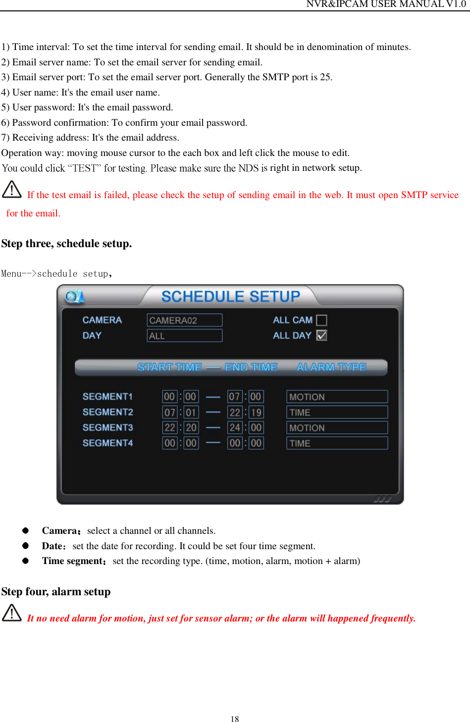                                                                  NVR&amp;IPCAM USER MANUAL V1.0 18 1) Time interval: To set the time interval for sending email. It should be in denomination of minutes. 2) Email server name: To set the email server for sending email. 3) Email server port: To set the email server port. Generally the SMTP port is 25. 4) User name: It's the email user name. 5) User password: It's the email password. 6) Password confirmation: To confirm your email password. 7) Receiving address: It's the email address. Operation way: moving mouse cursor to the each box and left click the mouse to edit.  s right in network setup.   If the test email is failed, please check the setup of sending email in the web. It must open SMTP service for the email.  Step three, schedule setup.   Menu-->schedule setup      Camera select a channel or all channels.  Date set the date for recording. It could be set four time segment.  Time segment set the recording type. (time, motion, alarm, motion + alarm)  Step four, alarm setup  It no need alarm for motion, just set for sensor alarm; or the alarm will happened frequently.   