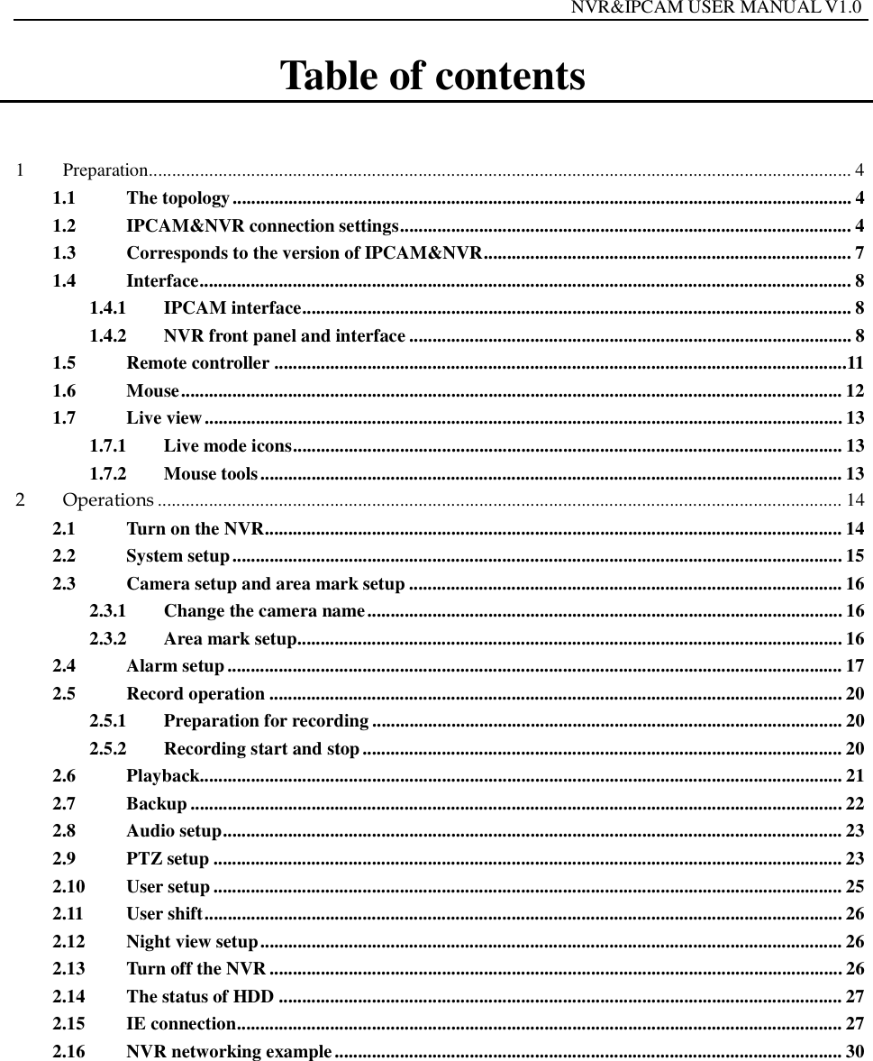                                                                  NVR&amp;IPCAM USER MANUAL V1.0  Table of contents  1  Preparation....................................................................................................................................................... 4 1.1 The topology ..................................................................................................................................... 4 1.2 IPCAM&amp;NVR connection settings ................................................................................................. 4 1.3 Corresponds to the version of IPCAM&amp;NVR ............................................................................... 7 1.4 Interface ............................................................................................................................................ 8 1.4.1 IPCAM interface ...................................................................................................................... 8 1.4.2 NVR front panel and interface ............................................................................................... 8 1.5 Remote controller ........................................................................................................................... 11 1.6 Mouse .............................................................................................................................................. 12 1.7 Live view ......................................................................................................................................... 13 1.7.1 Live mode icons ...................................................................................................................... 13 1.7.2 Mouse tools ............................................................................................................................. 13 2 Operations ................................................................................................................................................... 14 2.1 Turn on the NVR ............................................................................................................................ 14 2.2 System setup ................................................................................................................................... 15 2.3 Camera setup and area mark setup ............................................................................................. 16 2.3.1 Change the camera name ...................................................................................................... 16 2.3.2 Area mark setup ..................................................................................................................... 16 2.4 Alarm setup .................................................................................................................................... 17 2.5 Record operation ........................................................................................................................... 20 2.5.1 Preparation for recording ..................................................................................................... 20 2.5.2 Recording start and stop ....................................................................................................... 20 2.6 Playback.......................................................................................................................................... 21 2.7 Backup ............................................................................................................................................ 22 2.8 Audio setup ..................................................................................................................................... 23 2.9 PTZ setup ....................................................................................................................................... 23 2.10 User setup ....................................................................................................................................... 25 2.11 User shift ......................................................................................................................................... 26 2.12 Night view setup ............................................................................................................................. 26 2.13 Turn off the NVR ........................................................................................................................... 26 2.14 The status of HDD ......................................................................................................................... 27 2.15 IE connection .................................................................................................................................. 27 2.16 NVR networking example ............................................................................................................. 30 