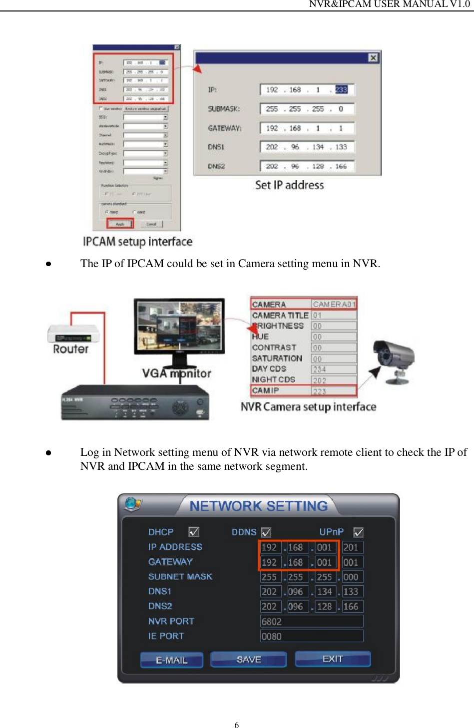                                                                  NVR&amp;IPCAM USER MANUAL V1.0 6   The IP of IPCAM could be set in Camera setting menu in NVR.    Log in Network setting menu of NVR via network remote client to check the IP of NVR and IPCAM in the same network segment.    