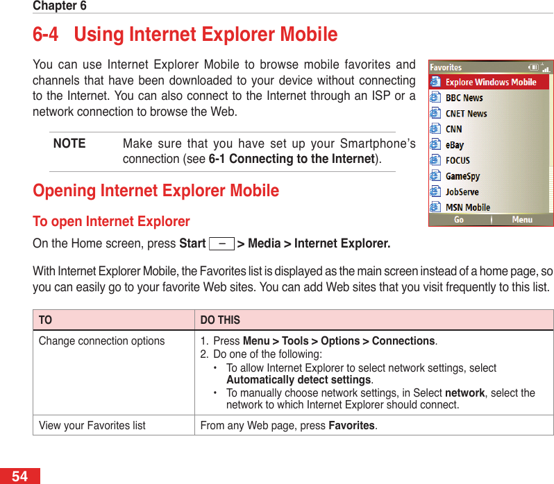 Chapter 6546-4  Using Internet Explorer MobileYou  can  use  Internet  Explorer  Mobile  to  browse  mobile  favorites  and channels that  have  been downloaded  to  your device without  connecting to the Internet. You can also connect to the Internet through an ISP or a network connection to browse the Web.NOTE  Make sure  that  you  have  set  up  your  Smartphone’s connection (see 6-1 Connecting to the Internet).Opening Internet Explorer MobileTo open Internet ExplorerOn the Home screen, press Start   &gt; Media &gt; Internet Explorer.With Internet Explorer Mobile, the Favorites list is displayed as the main screen instead of a home page, so you can easily go to your favorite Web sites. You can add Web sites that you visit frequently to this list.TO DO THISChange connection options 1.  Press Menu &gt; Tools &gt; Options &gt; Connections.2.  Do one of the following:•  To allow Internet Explorer to select network settings, select Automatically detect settings.•  To manually choose network settings, in Select network, select the network to which Internet Explorer should connect.View your Favorites list From any Web page, press Favorites.