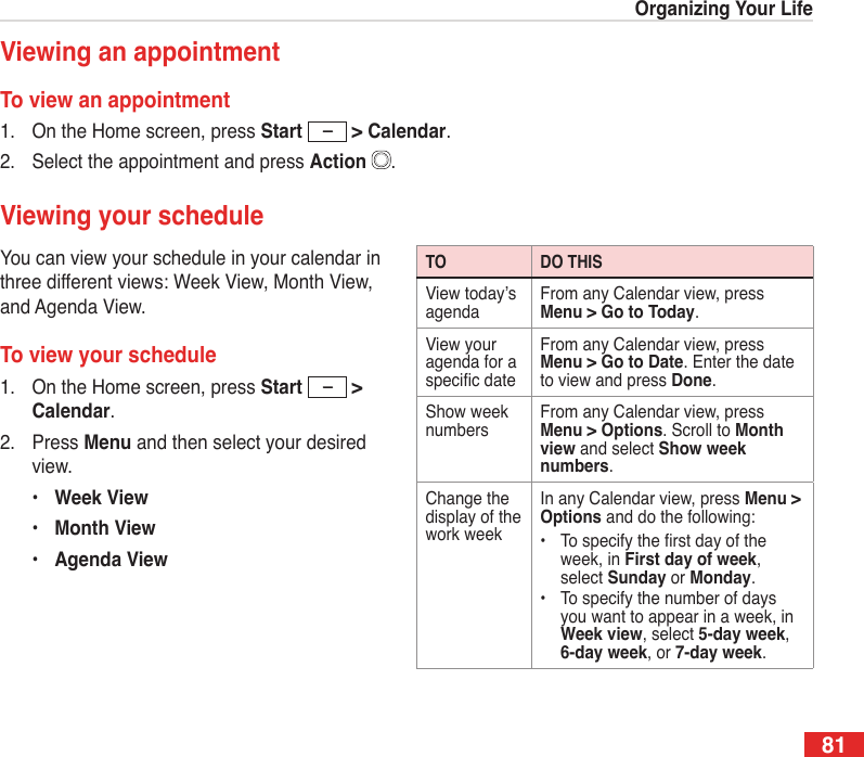 81Organizing Your LifeViewing an appointmentTo view an appointment1.  On the Home screen, press Start   &gt; Calendar.2.  Select the appointment and press Action  .TO DO THISView today’s agendaFrom any Calendar view, press Menu &gt; Go to Today.View your agenda for a specic dateFrom any Calendar view, press Menu &gt; Go to Date. Enter the date to view and press Done.Show week numbersFrom any Calendar view, press Menu &gt; Options. Scroll to Month view and select Show week numbers.Change the display of the work weekIn any Calendar view, press Menu &gt; Options and do the following:•  To specify the rst day of the week, in First day of week, select Sunday or Monday.•  To specify the number of days you want to appear in a week, in Week view, select 5-day week, 6-day week, or 7-day week.Viewing your scheduleYou can view your schedule in your calendar in three different views: Week View, Month View, and Agenda View.To view your schedule1.  On the Home screen, press Start   &gt; Calendar.2.  Press Menu and then select your desired view.  •  Week View  •  Month View  •  Agenda View