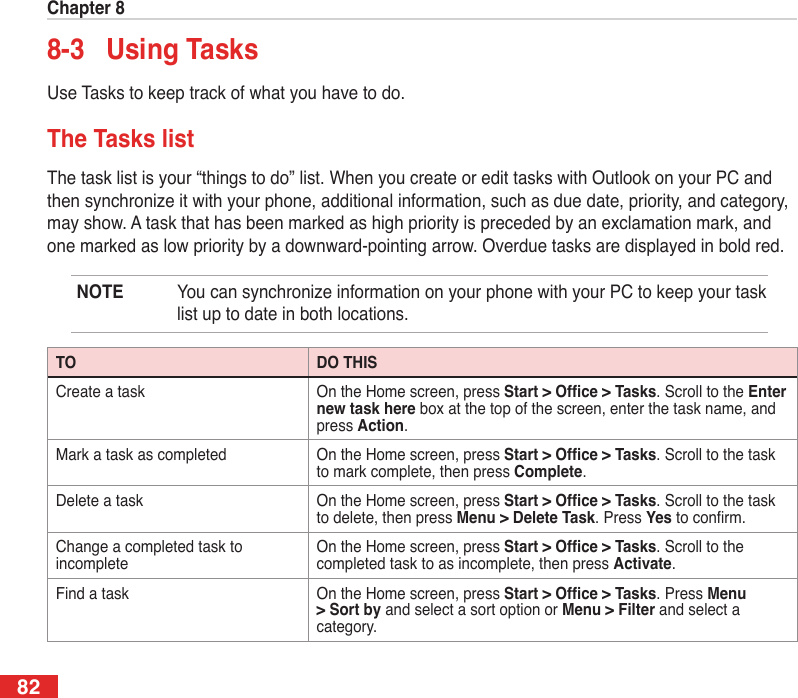 Chapter 8828-3  Using TasksUse Tasks to keep track of what you have to do. The Tasks listThe task list is your “things to do” list. When you create or edit tasks with Outlook on your PC and then synchronize it with your phone, additional information, such as due date, priority, and category, may show. A task that has been marked as high priority is preceded by an exclamation mark, and one marked as low priority by a downward-pointing arrow. Overdue tasks are displayed in bold red.NOTE  You can synchronize information on your phone with your PC to keep your task list up to date in both locations.TO DO THISCreate a task On the Home screen, press Start&gt;Ofce&gt;Tasks. Scroll to the Enter new task here box at the top of the screen, enter the task name, and press Action.Mark a task as completed On the Home screen, press Start&gt;Ofce&gt;Tasks. Scroll to the task to mark complete, then press Complete.Delete a task On the Home screen, press Start&gt;Ofce&gt;Tasks. Scroll to the task to delete, then press Menu &gt; Delete Task. Press Yes to conrm.Change a completed task to incompleteOn the Home screen, press Start&gt;Ofce&gt;Tasks. Scroll to the completed task to as incomplete, then press Activate.Find a task On the Home screen, press Start&gt;Ofce&gt;Tasks. Press Menu &gt; Sort by and select a sort option or Menu &gt; Filter and select a category.