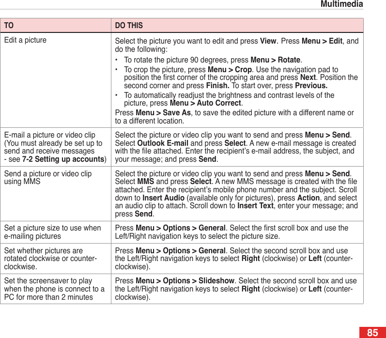 85MultimediaTO DO THISEdit a picture Select the picture you want to edit and press View. Press Menu &gt; Edit, and do the following:•  To rotate the picture 90 degrees, press Menu &gt; Rotate.•  To crop the picture, press Menu &gt; Crop. Use the navigation pad to position the rst corner of the cropping area and press Next. Position the second corner and press Finish. To start over, press Previous.•  To automatically readjust the brightness and contrast levels of the picture, press Menu &gt; Auto Correct.Press Menu &gt; Save As, to save the edited picture with a different name or to a different location.E-mail a picture or video clip (You must already be set up to send and receive messages - see 7-2 Setting up accounts)Select the picture or video clip you want to send and press Menu &gt; Send. Select Outlook E-mail and press Select. A new e-mail message is created with the le attached. Enter the recipient’s e-mail address, the subject, and your message; and press Send.Send a picture or video clip using MMSSelect the picture or video clip you want to send and press Menu &gt; Send. Select MMS and press Select. A new MMS message is created with the le attached. Enter the recipient’s mobile phone number and the subject. Scroll down to Insert Audio (available only for pictures), press Action, and select an audio clip to attach. Scroll down to Insert Text, enter your message; and press Send.Set a picture size to use when e-mailing picturesPress Menu &gt; Options &gt; General. Select the rst scroll box and use the Left/Right navigation keys to select the picture size.Set whether pictures are rotated clockwise or counter-clockwise.Press Menu &gt; Options &gt; General. Select the second scroll box and use the Left/Right navigation keys to select Right (clockwise) or Left (counter-clockwise).Set the screensaver to play when the phone is connect to a PC for more than 2 minutesPress Menu &gt; Options &gt; Slideshow. Select the second scroll box and use the Left/Right navigation keys to select Right (clockwise) or Left (counter-clockwise).