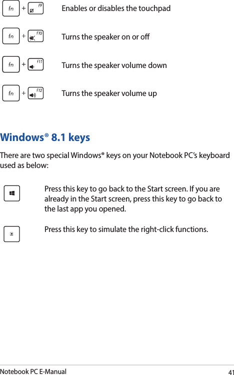 Notebook PC E-Manual41Enables or disables the touchpadTurns the speaker on or oTurns the speaker volume downTurns the speaker volume upWindows® 8.1 keysThere are two special Windows® keys on your Notebook PC’s keyboard used as below:Press this key to go back to the Start screen. If you are already in the Start screen, press this key to go back to the last app you opened.Press this key to simulate the right-click functions.