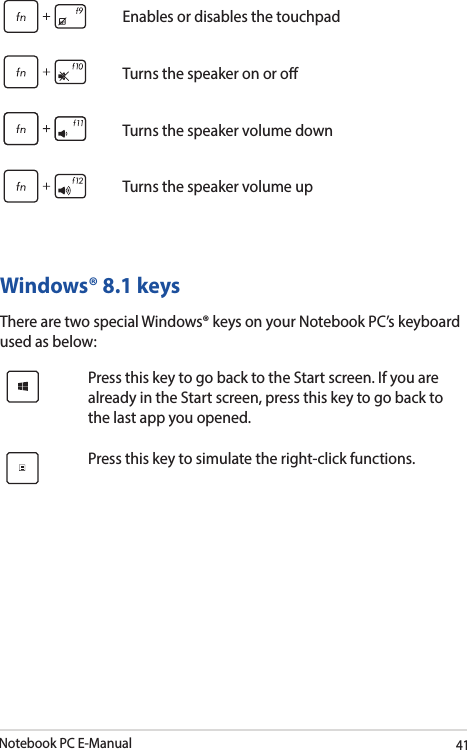 Notebook PC E-Manual41Enables or disables the touchpadTurns the speaker on or oTurns the speaker volume downTurns the speaker volume upWindows® 8.1 keysThere are two special Windows® keys on your Notebook PC’s keyboard used as below:Press this key to go back to the Start screen. If you are already in the Start screen, press this key to go back to the last app you opened.Press this key to simulate the right-click functions.