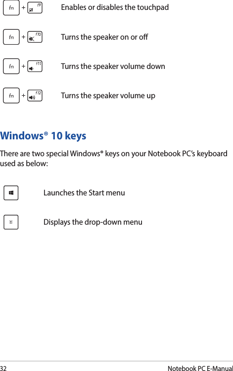 32Notebook PC E-ManualEnables or disables the touchpadTurns the speaker on or oTurns the speaker volume downTurns the speaker volume upWindows® 10 keysThere are two special Windows® keys on your Notebook PC’s keyboard used as below:Launches the Start menuDisplays the drop-down menu