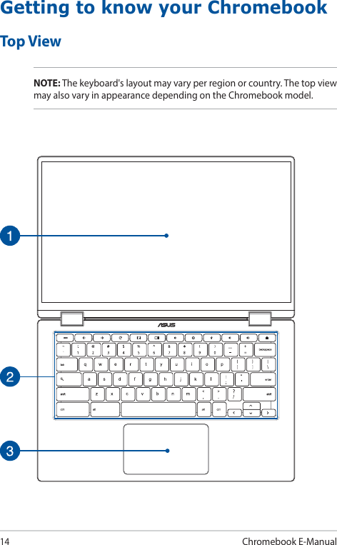 14Chromebook E-ManualGetting to know your ChromebookTop ViewNOTE: The keyboard&apos;s layout may vary per region or country. The top view may also vary in appearance depending on the Chromebook model.